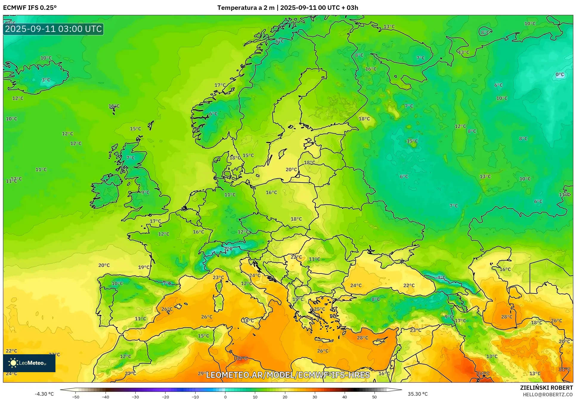 ECMWF IFS 0.25° model - Europa, Temperatura a 2 m