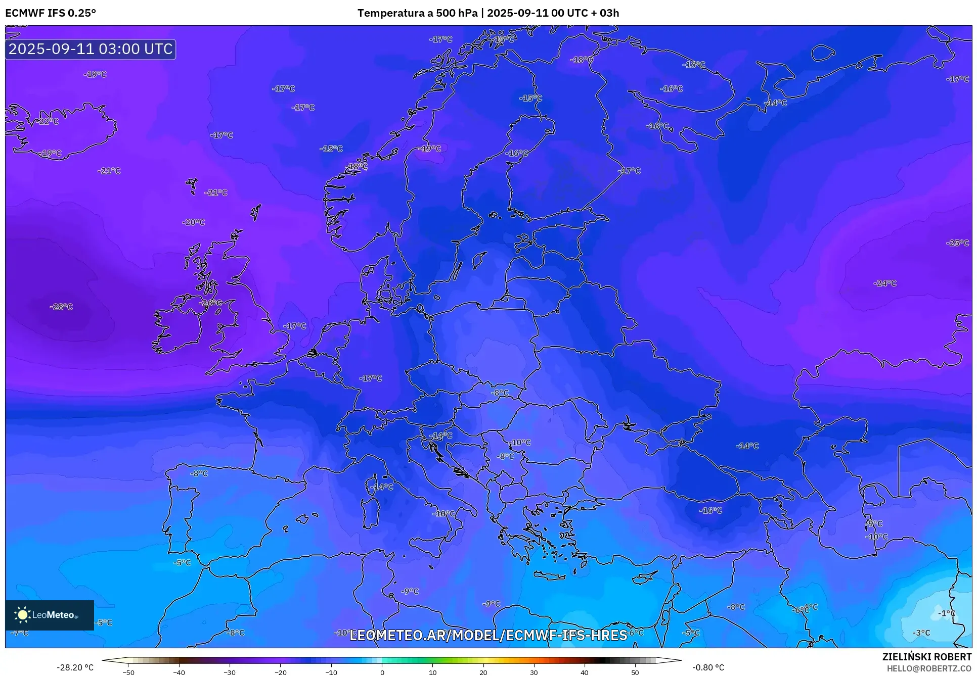 ECMWF IFS 0.25° model - Europa, Temperatura a 500 hPa
