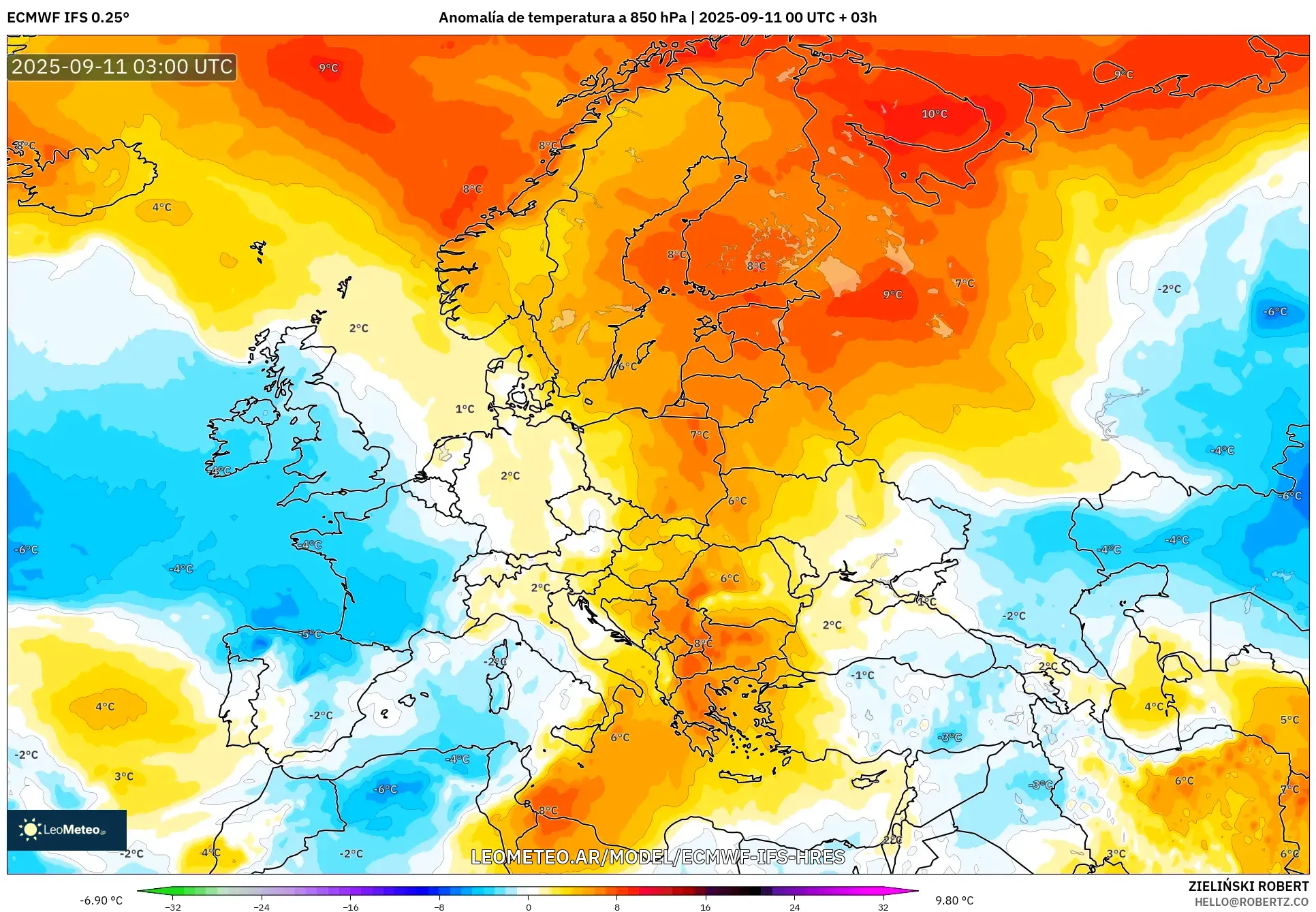 ECMWF IFS 0.25° model - Europa, Anomalía de temperatura a 850 hPa