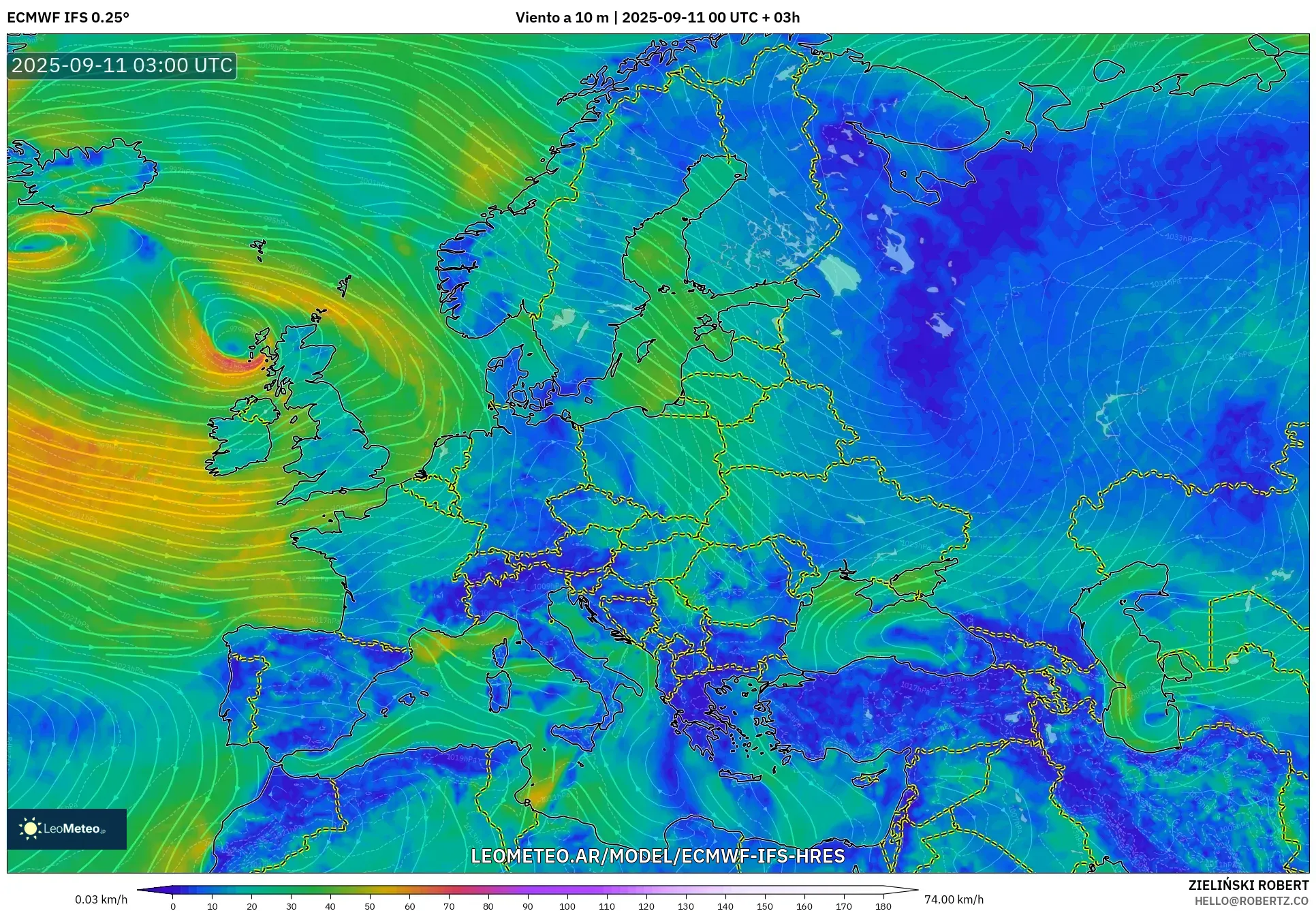 ECMWF IFS 0.25° model - Europa, Viento a 10 m