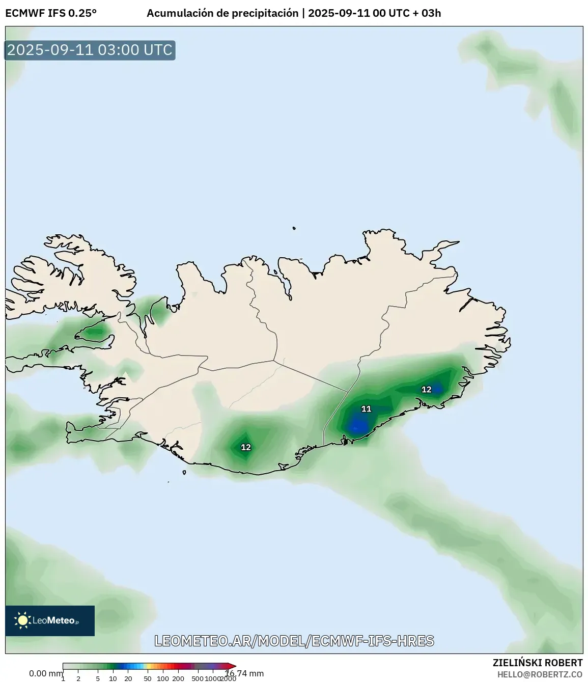ECMWF IFS 0.25° model - Islandia, Acumulación de precipitación