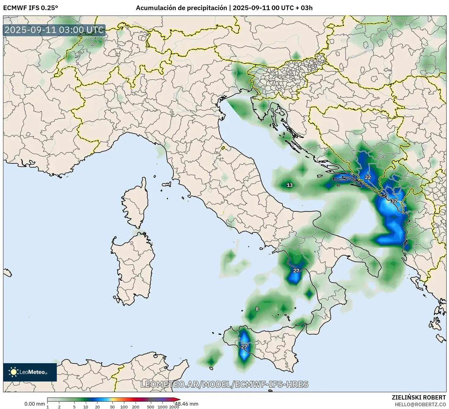 ECMWF IFS 0.25° model - Italia, Acumulación de precipitación