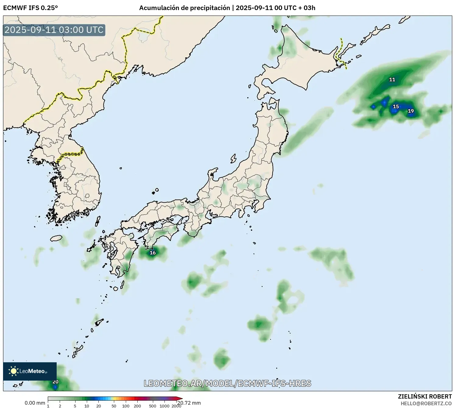ECMWF IFS 0.25° model - Japón, Acumulación de precipitación