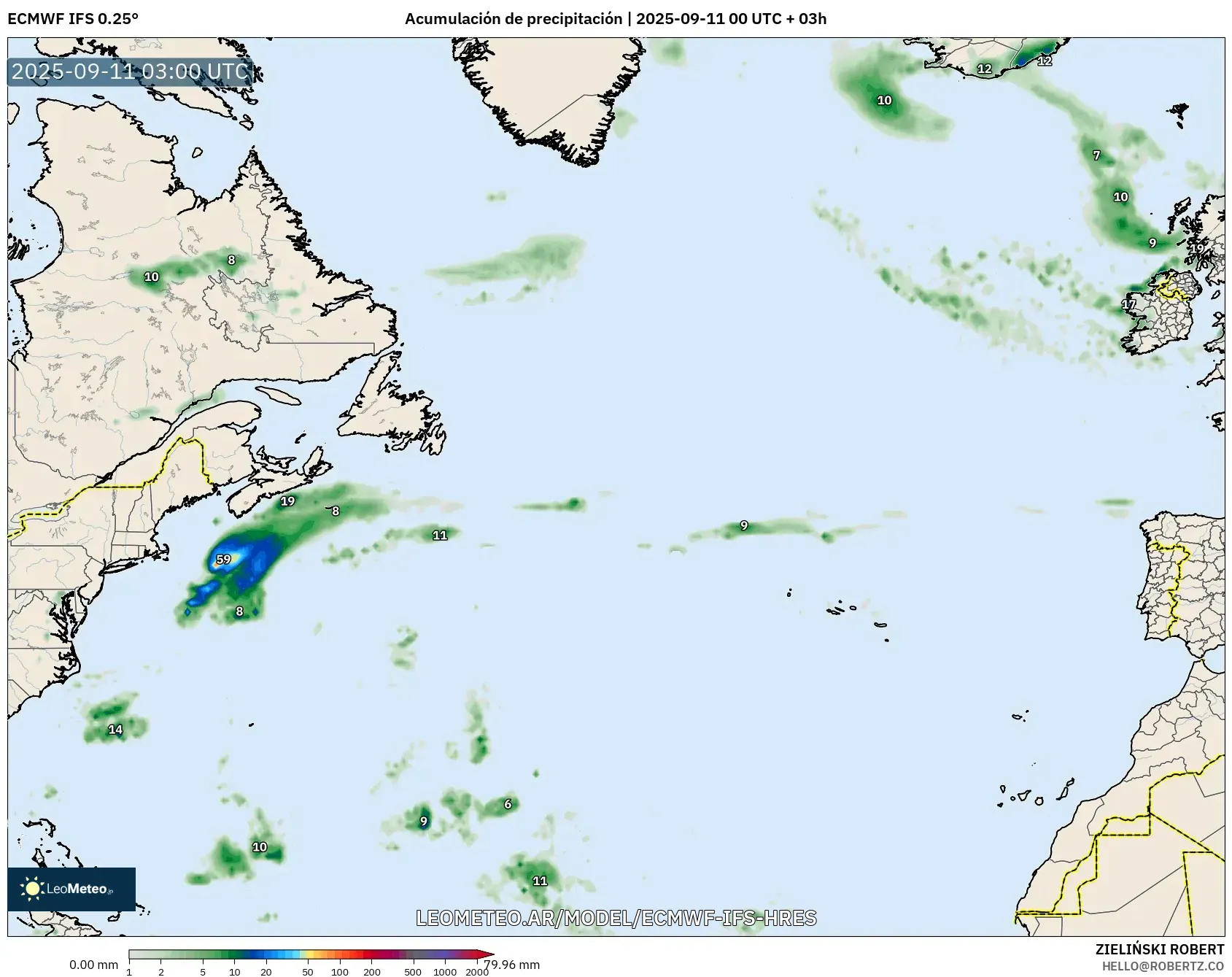 ECMWF IFS 0.25° model - Norte Atlántico, Acumulación de precipitación