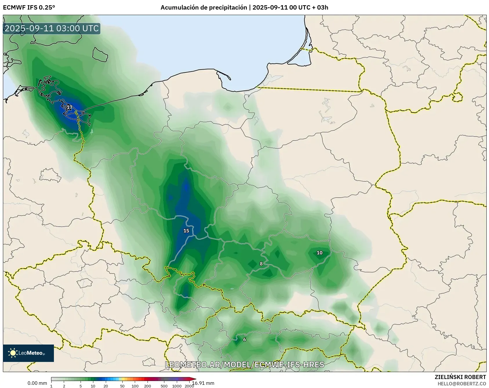 ECMWF IFS 0.25° model - Polonia, Acumulación de precipitación