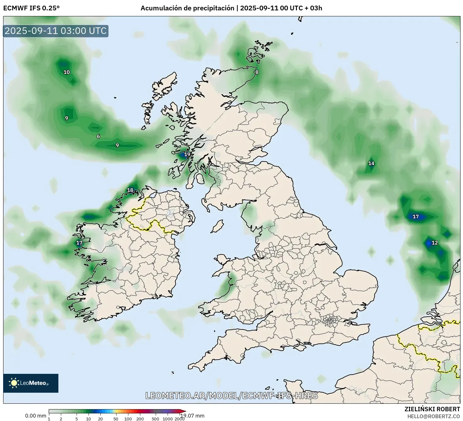 ECMWF IFS 0.25° model - Reino Unido, Acumulación de precipitación