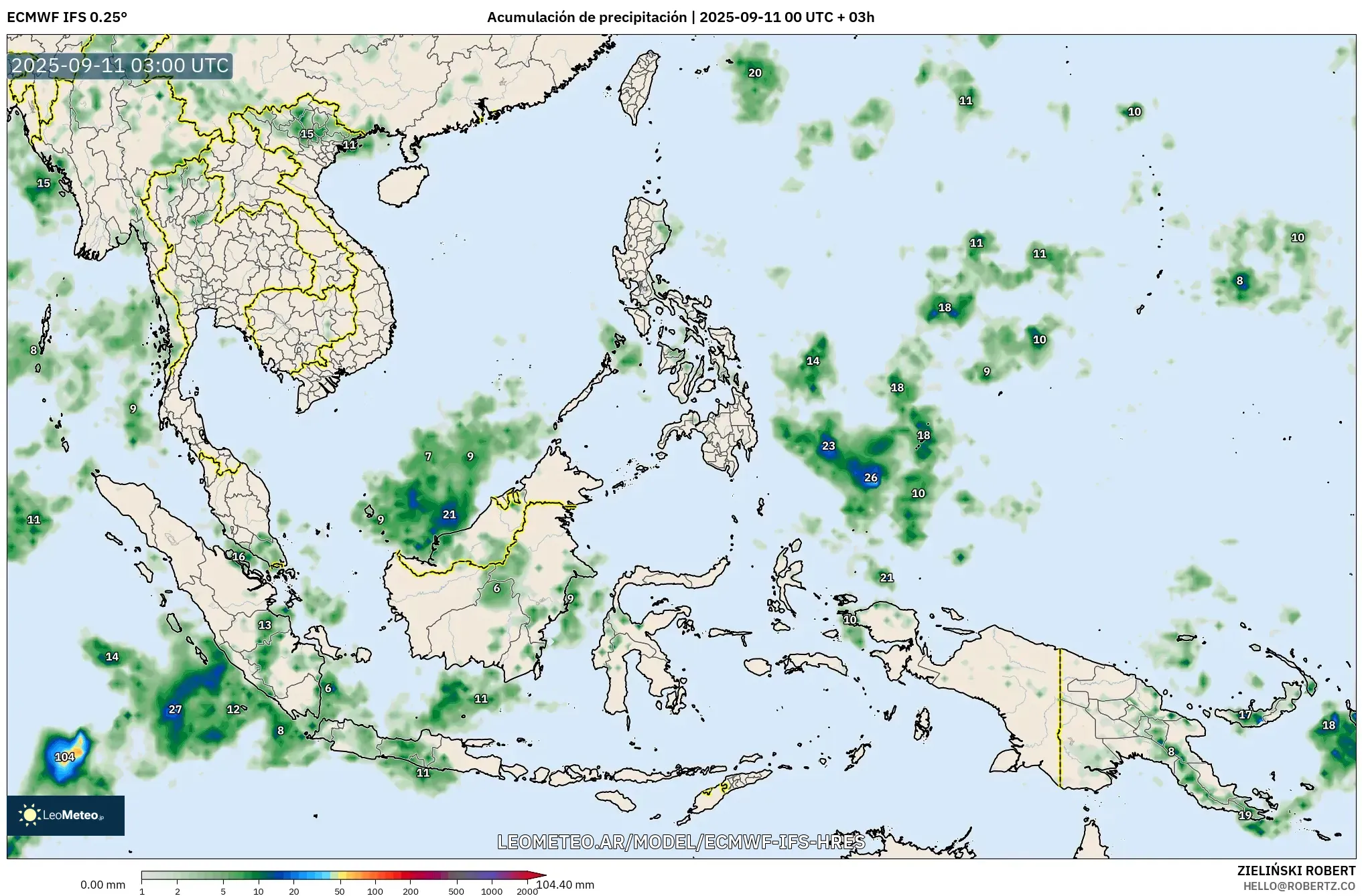 ECMWF IFS 0.25° model - Sudeste Asiático, Acumulación de precipitación