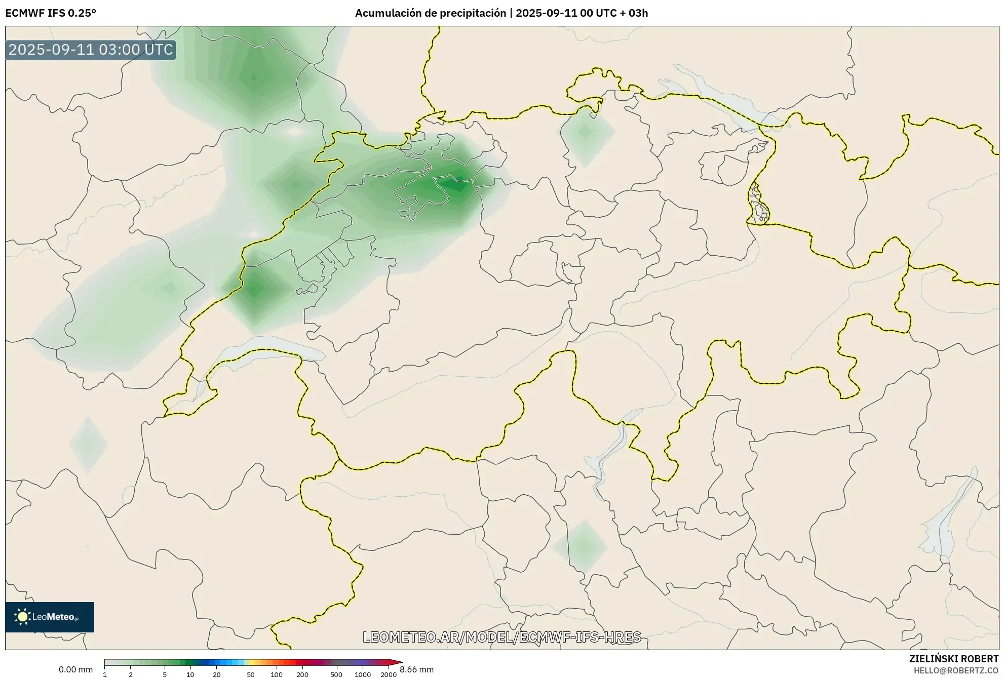 ECMWF IFS 0.25° model - Suiza, Acumulación de precipitación