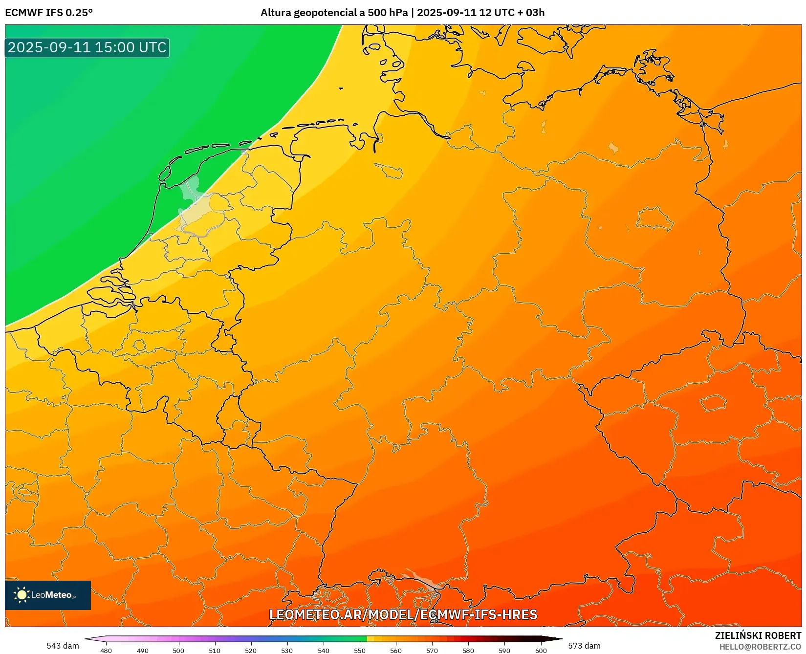 ECMWF IFS 0.25° model - Alemania, Altura geopotencial a 500 hPa