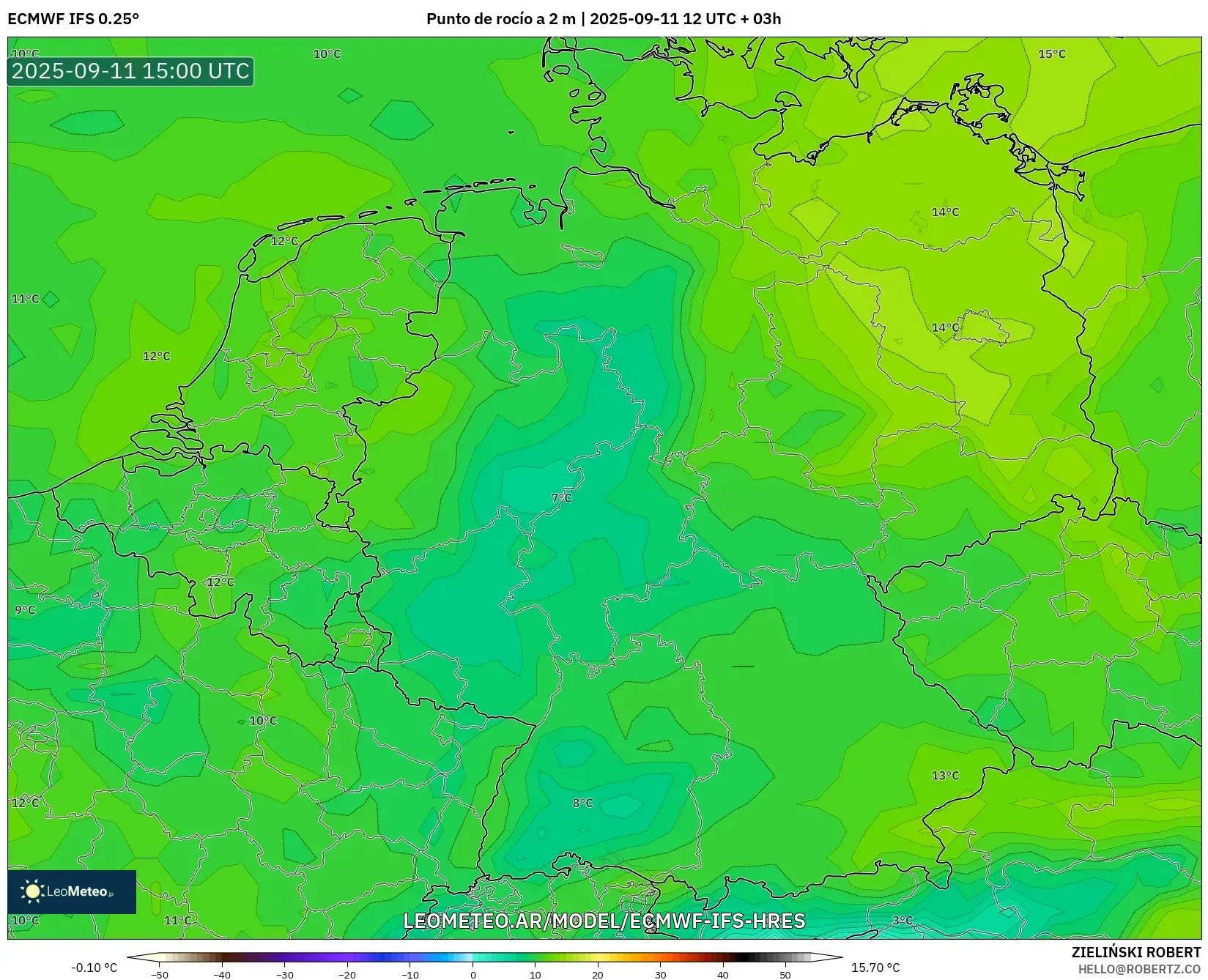 ECMWF IFS 0.25° model - Alemania, Punto de rocío a 2 m ECMWF IFS 0.25° model - Alemania, Punto de rocío a 2 m