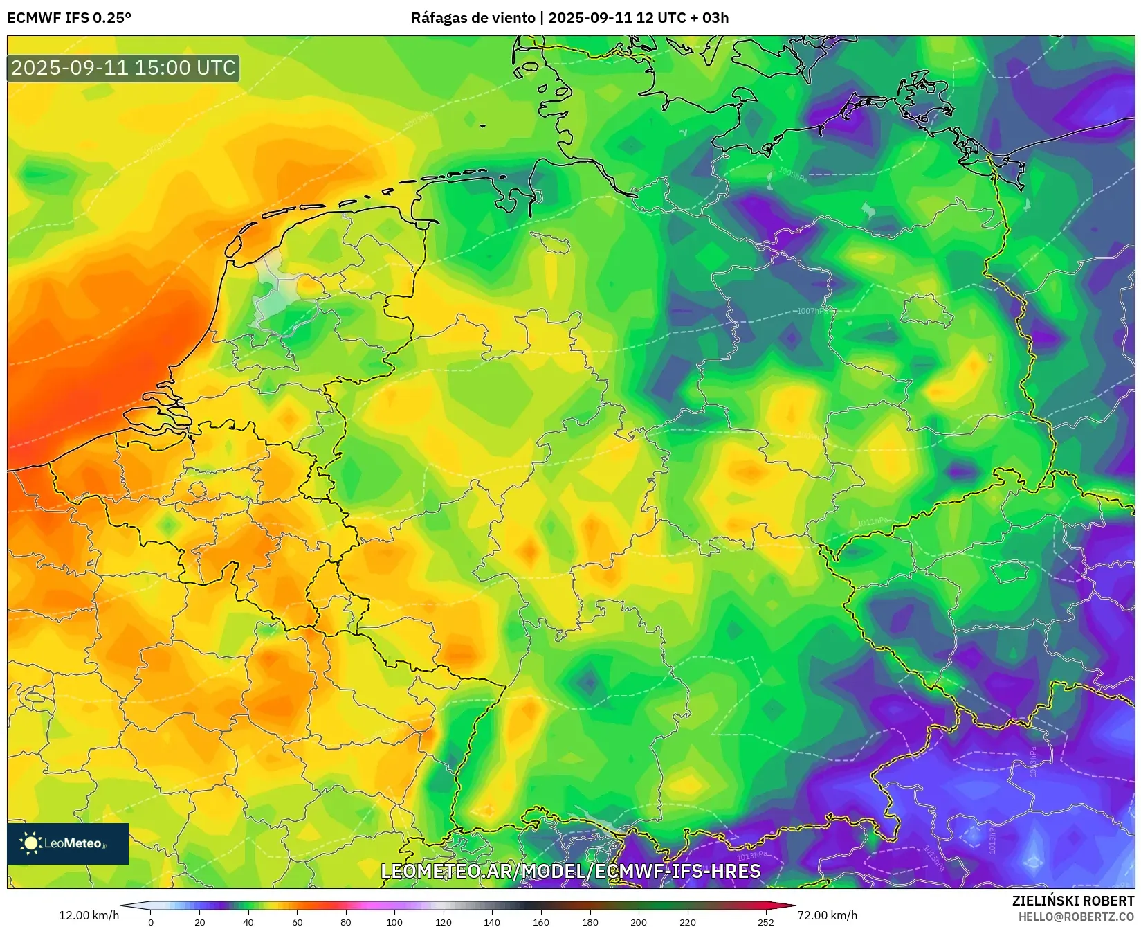 ECMWF IFS 0.25° model - Alemania, Ráfagas de viento
