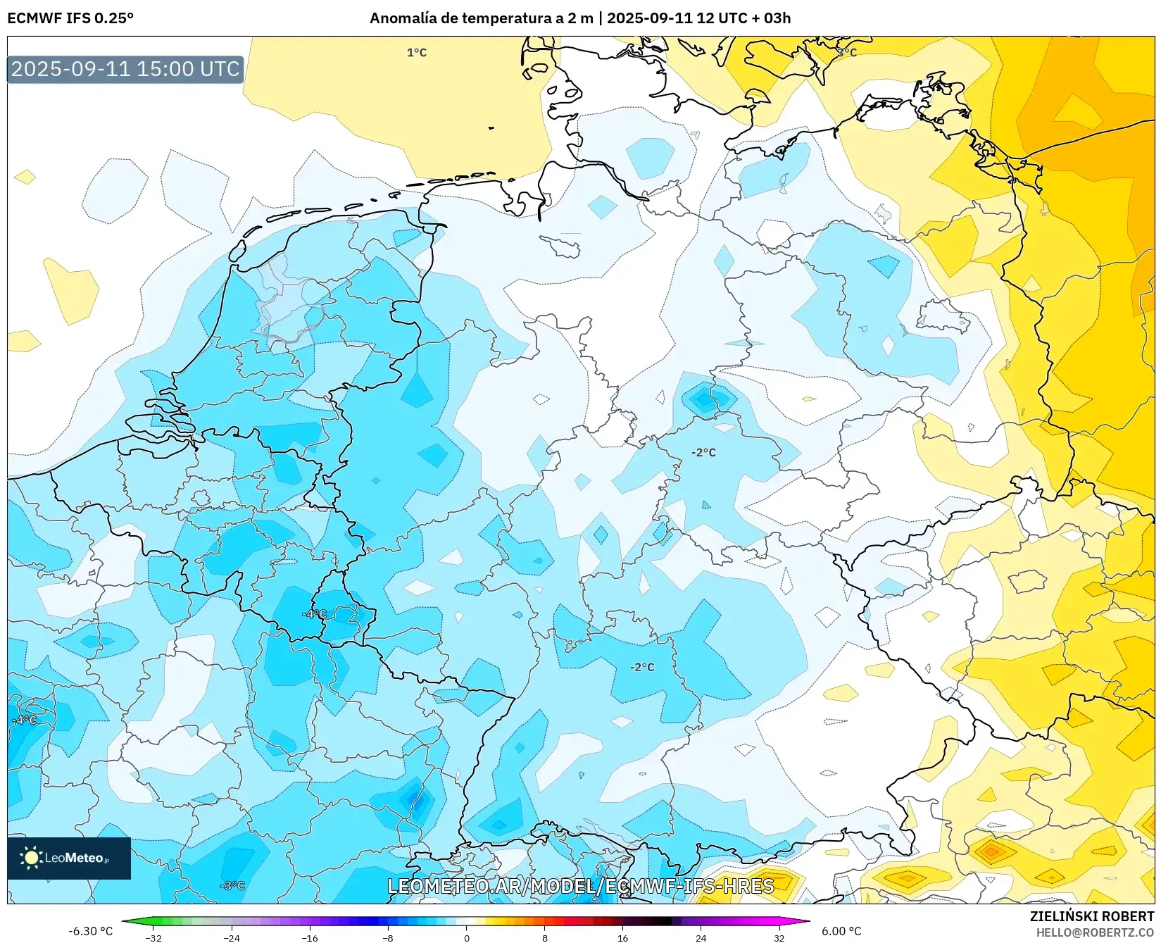 ECMWF IFS 0.25° model - Alemania, Anomalía de temperatura a 2 m ECMWF IFS 0.25° model - Alemania, Anomalía de temperatura a 2 m