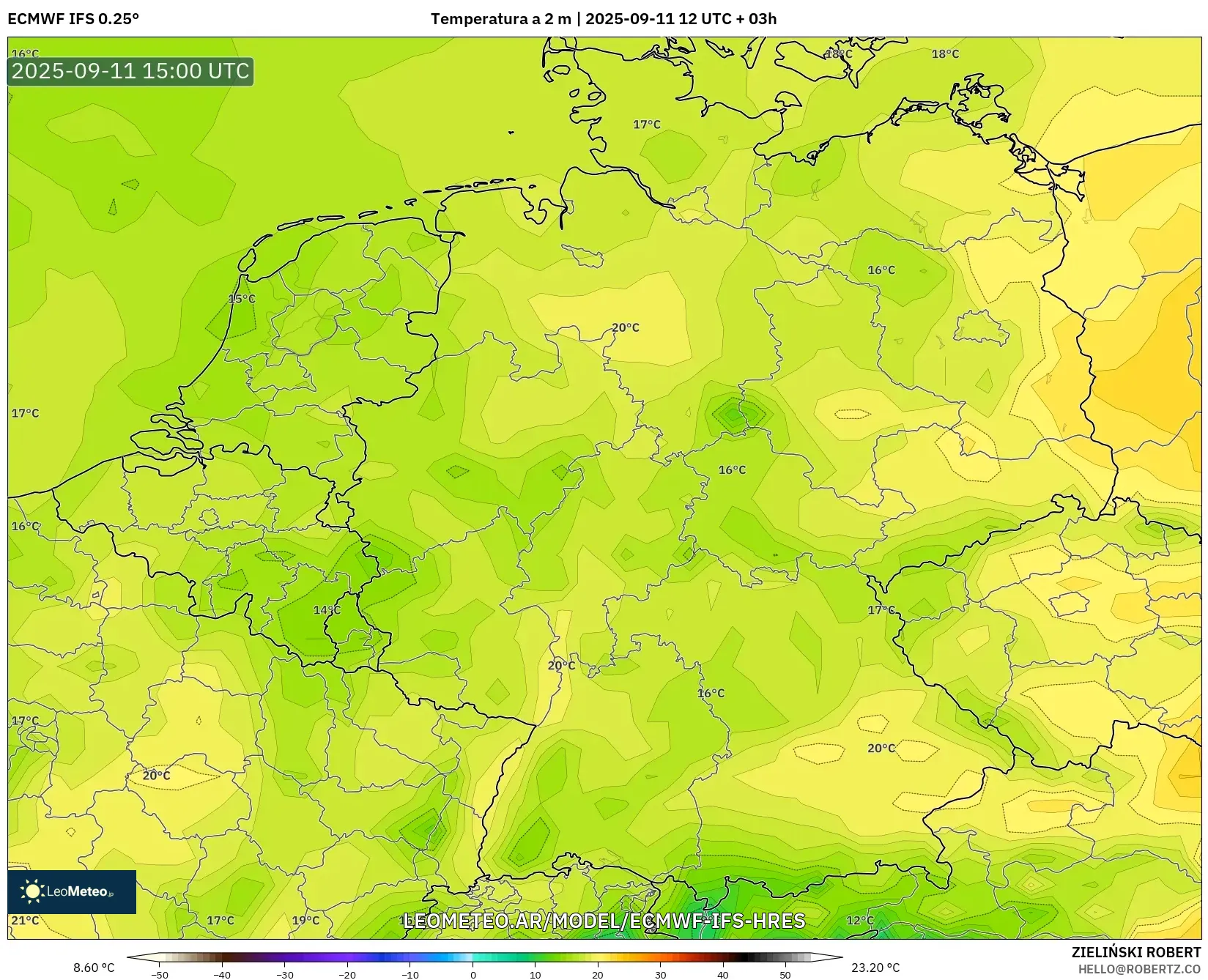ECMWF IFS 0.25° model - Alemania, Temperatura a 2 m ECMWF IFS 0.25° model - Alemania, Temperatura a 2 m
