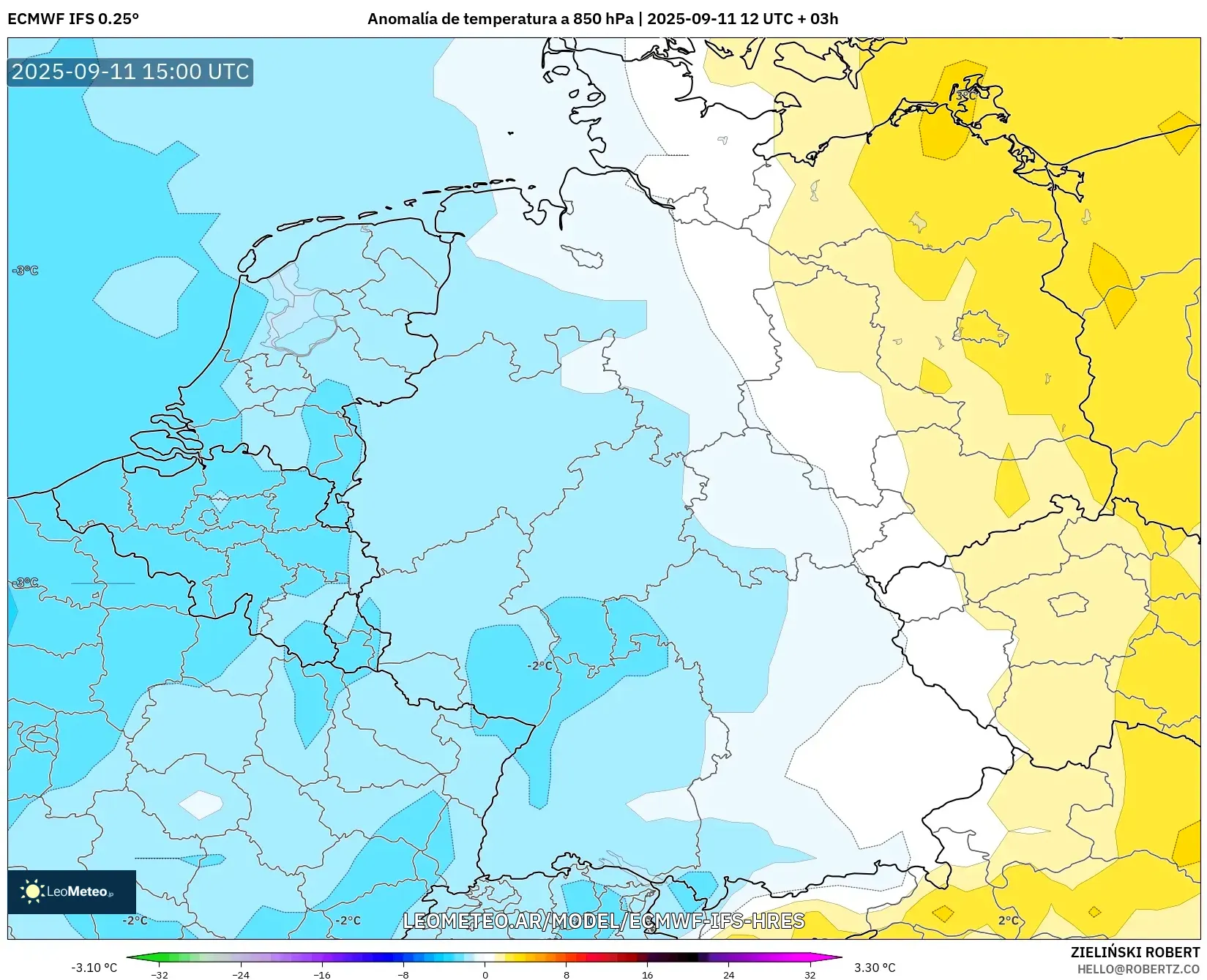 ECMWF IFS 0.25° model - Alemania, Anomalía de temperatura a 850 hPa