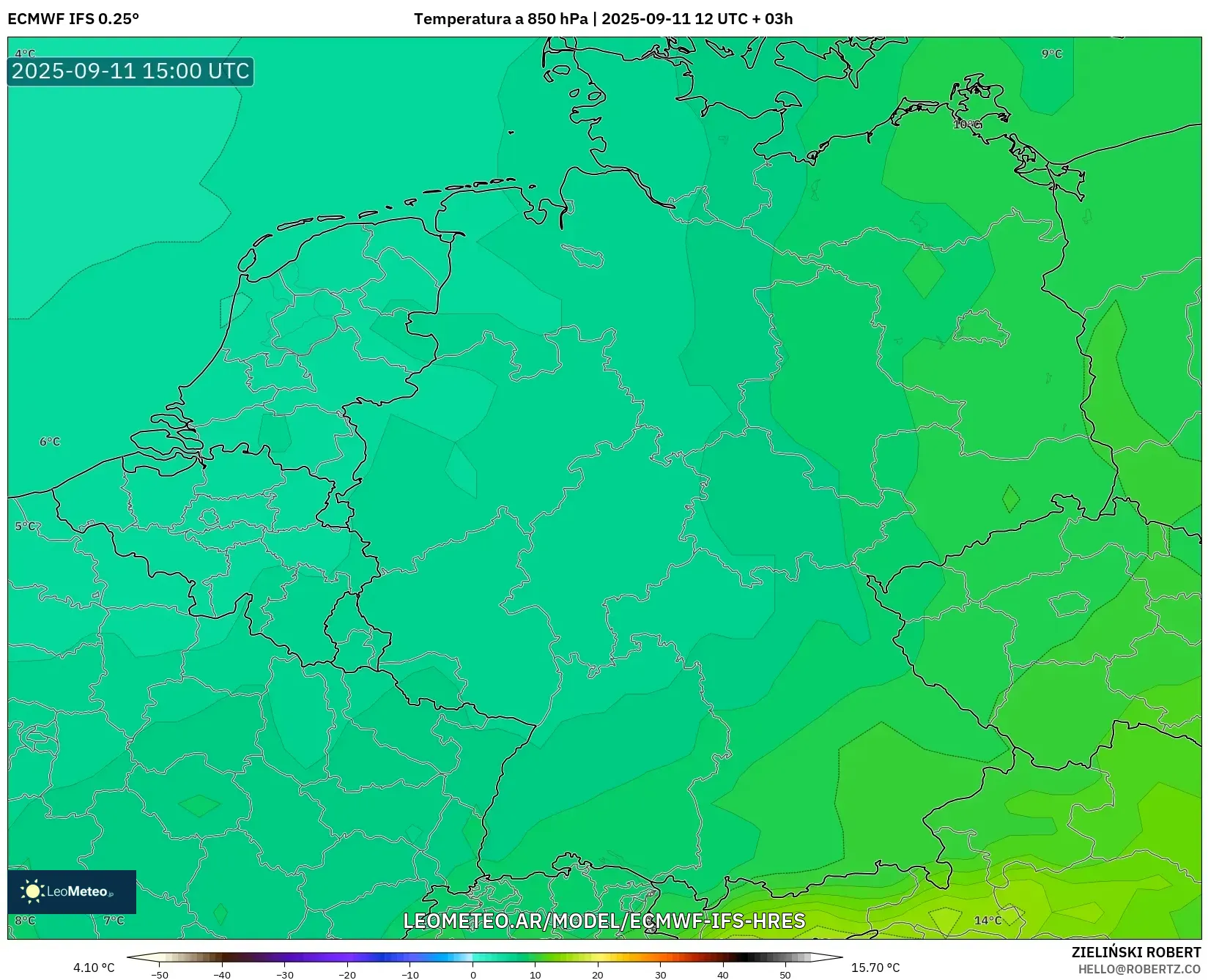 ECMWF IFS 0.25° model - Alemania, Temperatura a 850 hPa