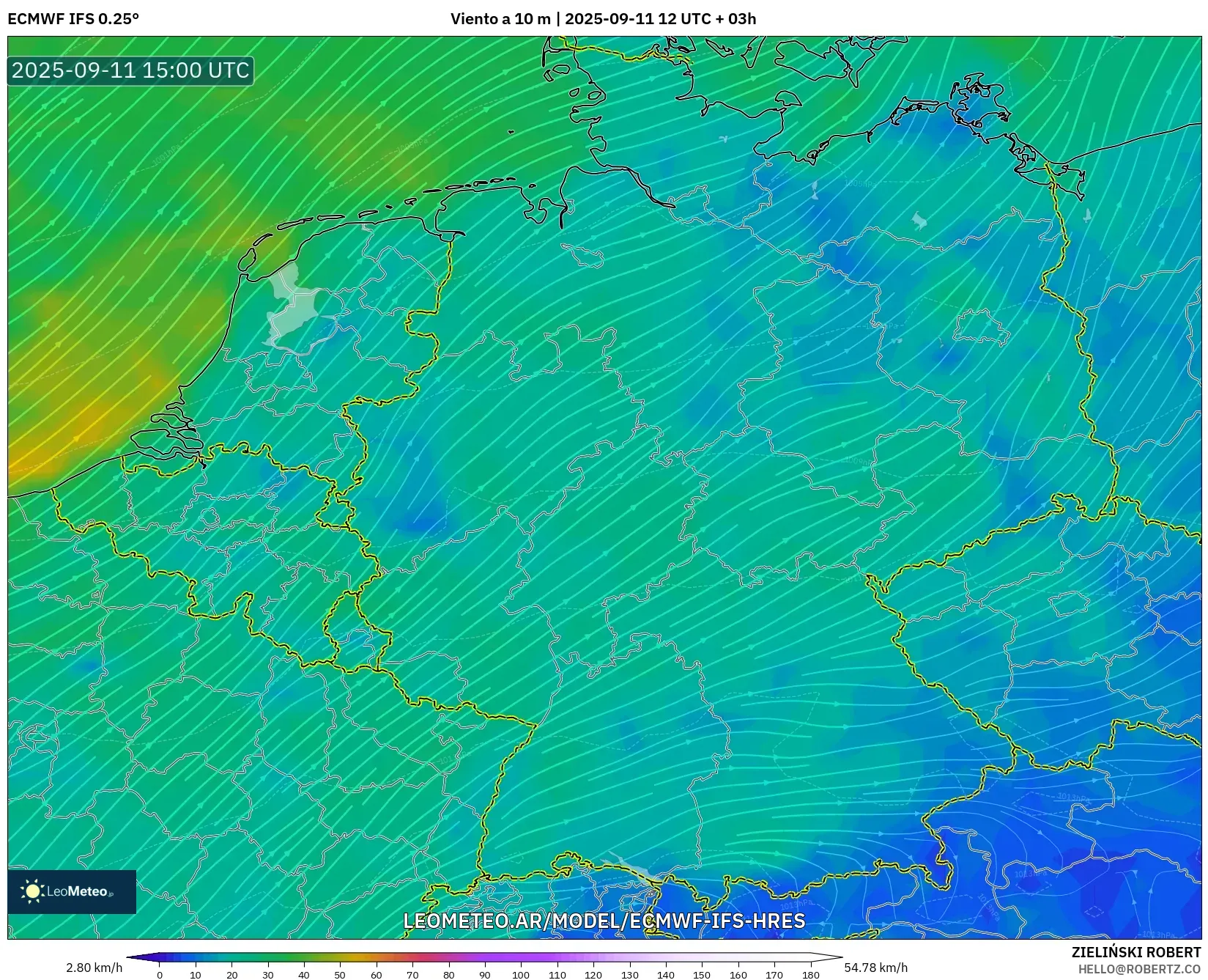 ECMWF IFS 0.25° model - Alemania, Viento a 10 m