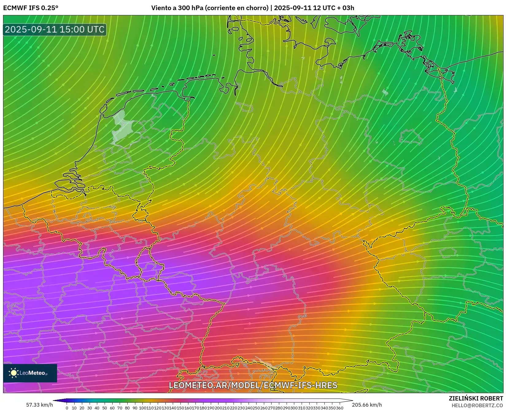 ECMWF IFS 0.25° model - Alemania, Viento a 300 hPa (corriente en chorro)