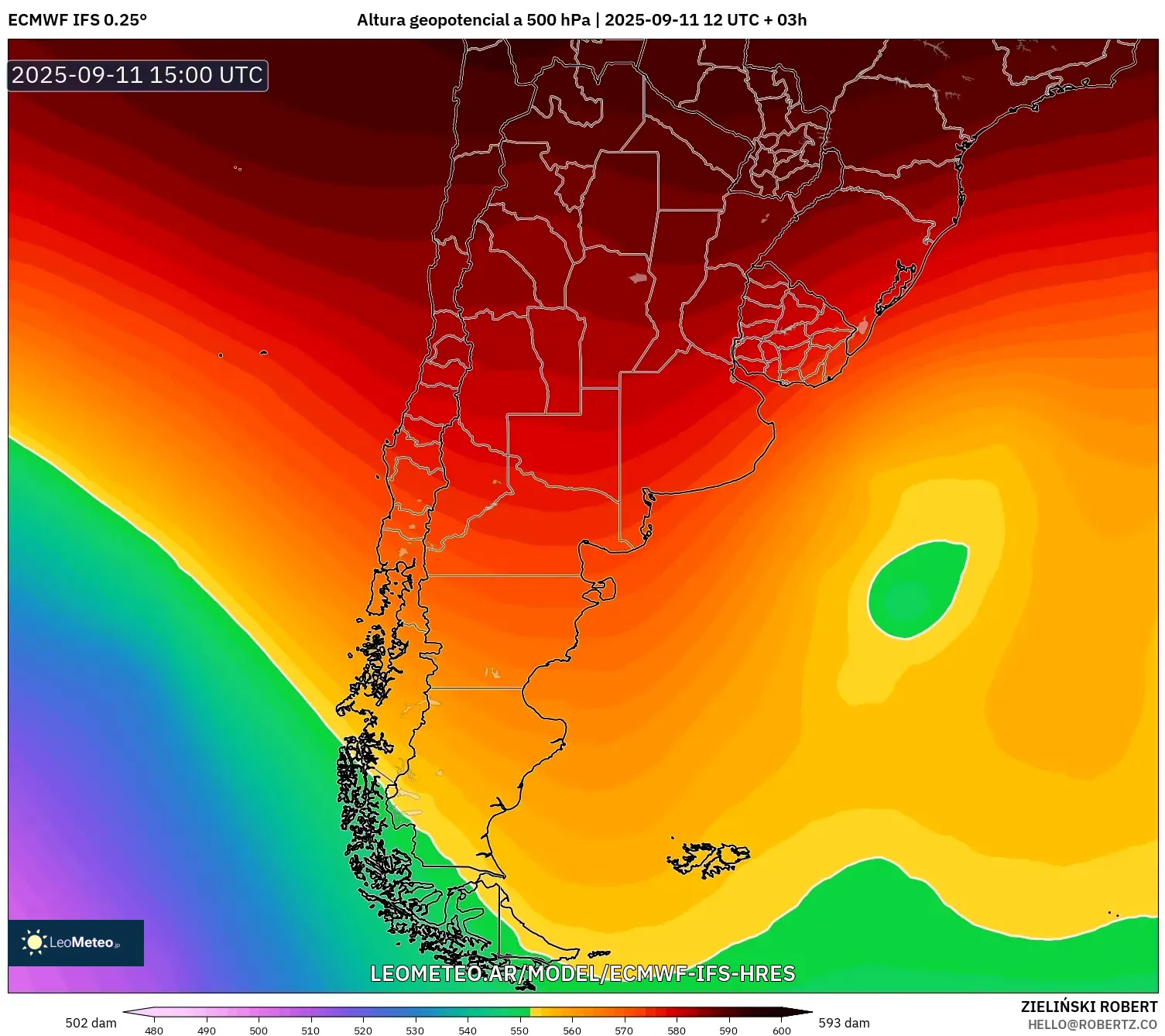 ECMWF IFS 0.25° model - Argentina, Altura geopotencial a 500 hPa