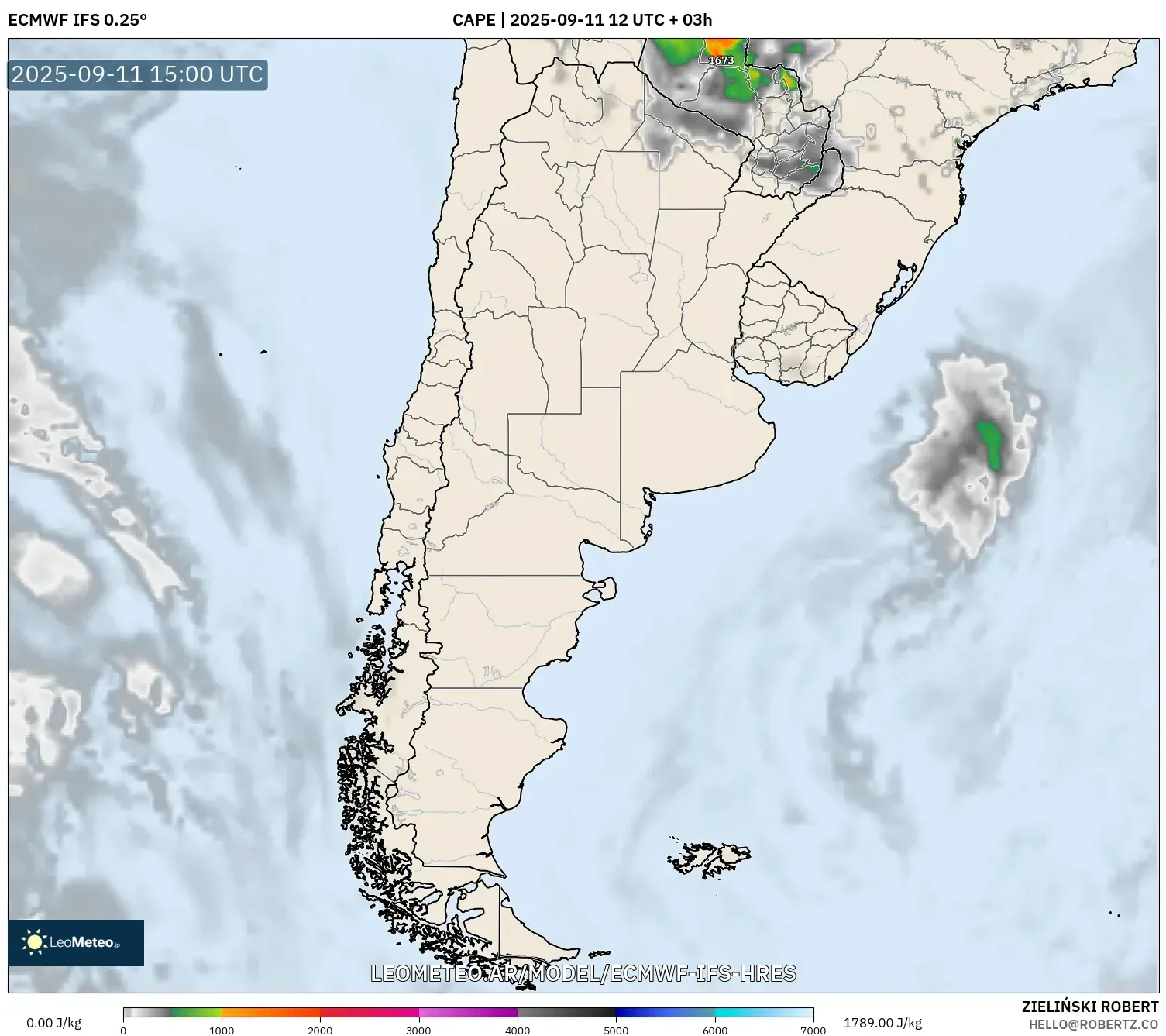 ECMWF IFS 0.25° model - Argentina, CAPE