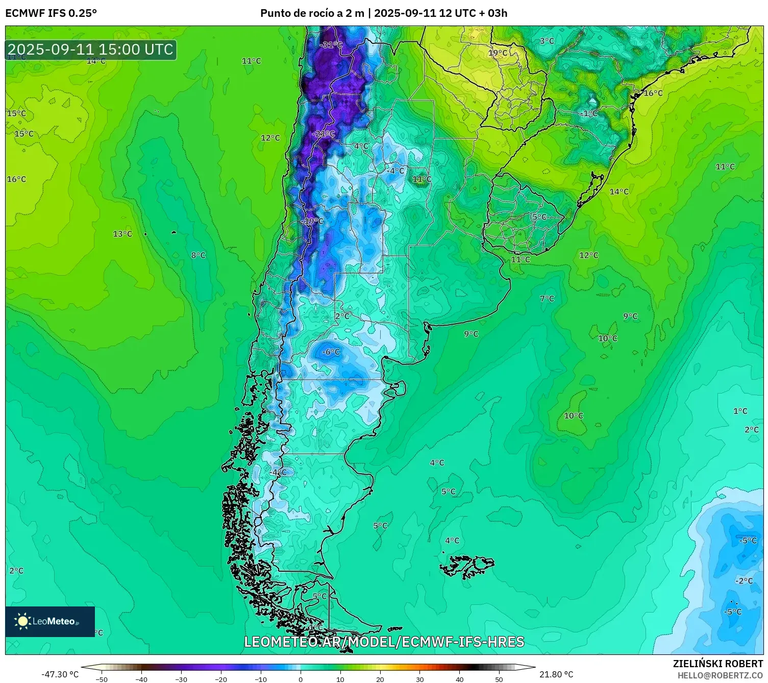 ECMWF IFS 0.25° model - Argentina, Punto de rocío a 2 m ECMWF IFS 0.25° model - Argentina, Punto de rocío a 2 m