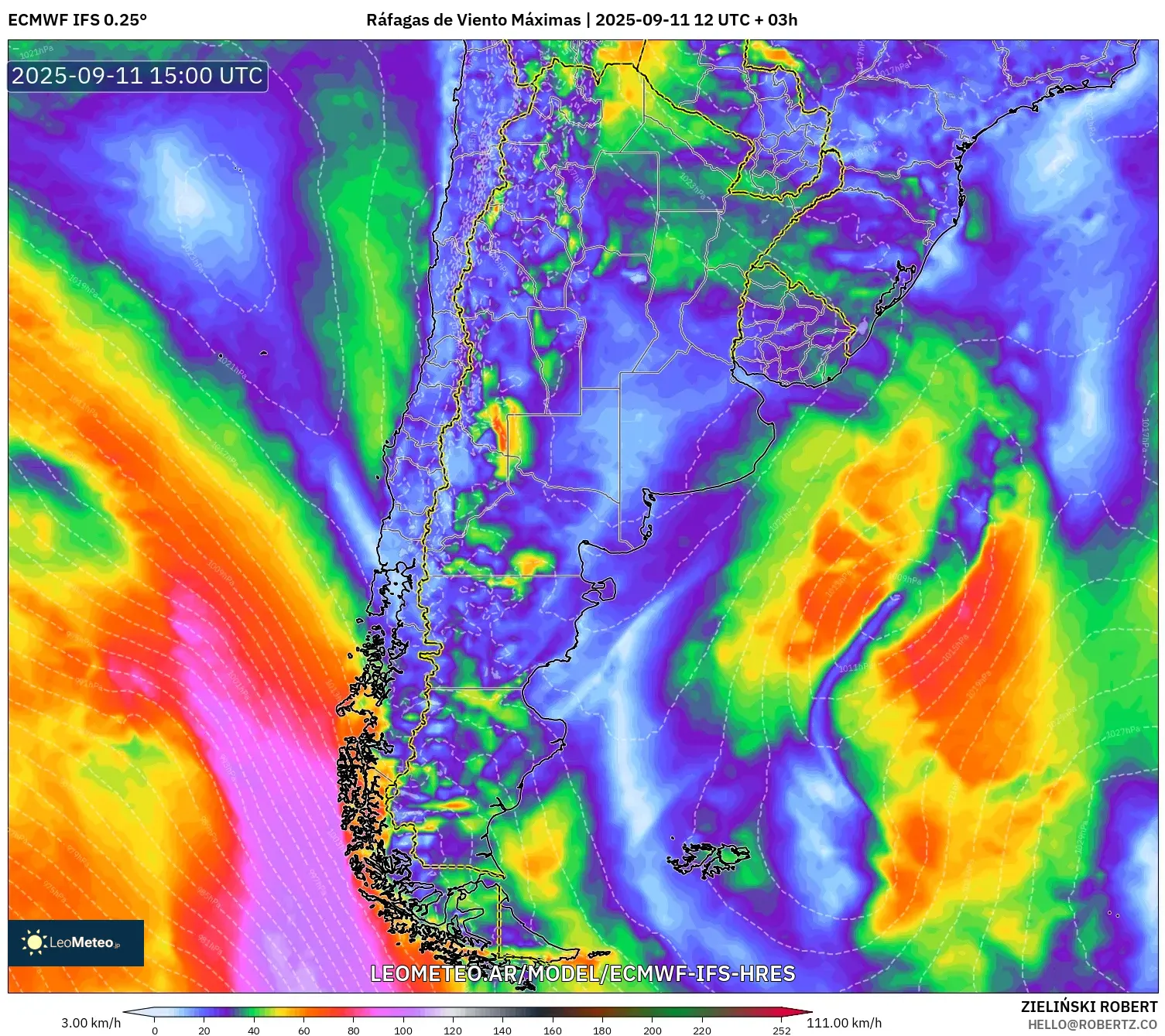 ECMWF IFS 0.25° model - Argentina, Ráfagas de Viento Máximas ECMWF IFS 0.25° model - Argentina, Ráfagas de Viento Máximas