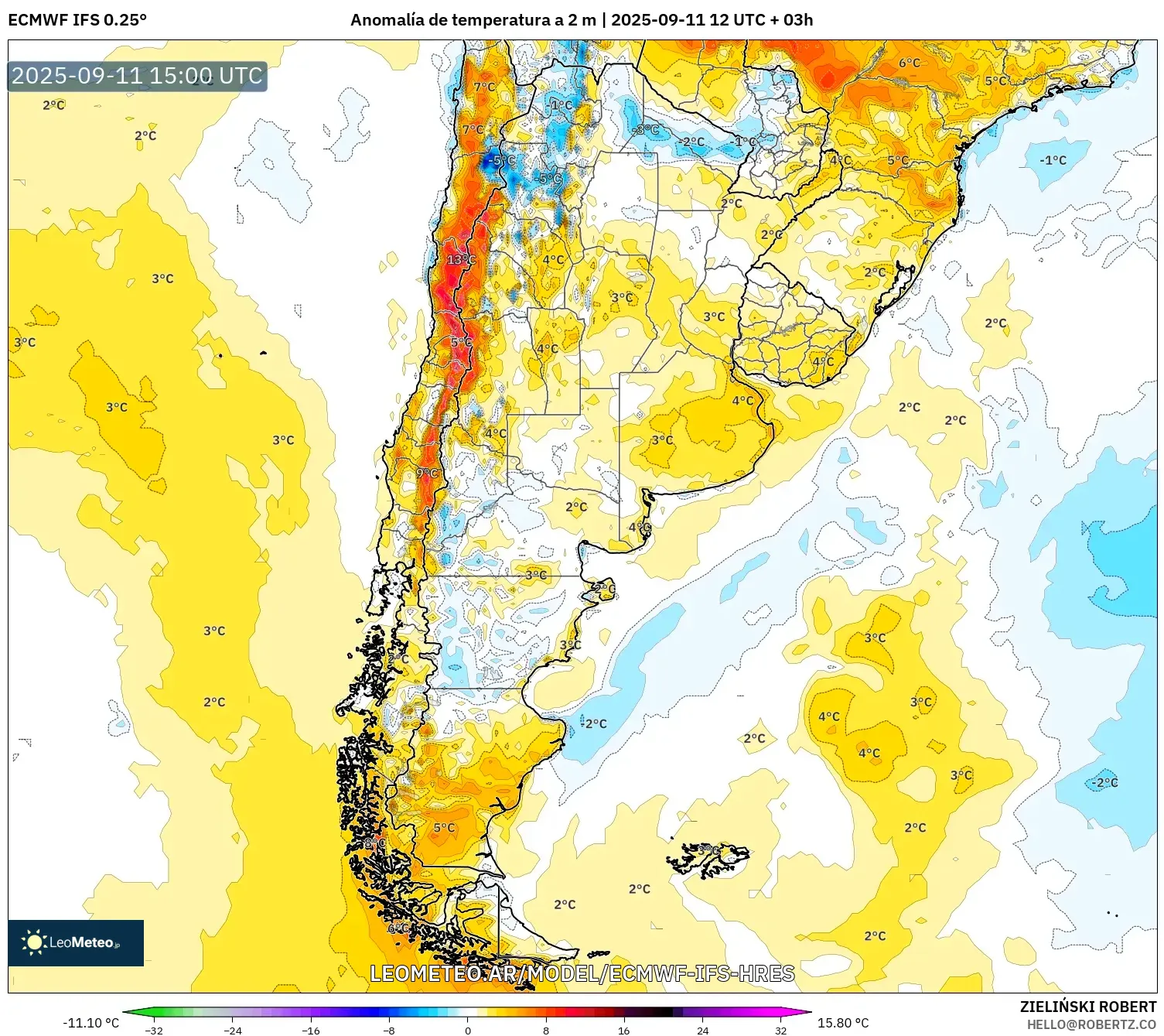 ECMWF IFS 0.25° model - Argentina, Anomalía de temperatura a 2 m