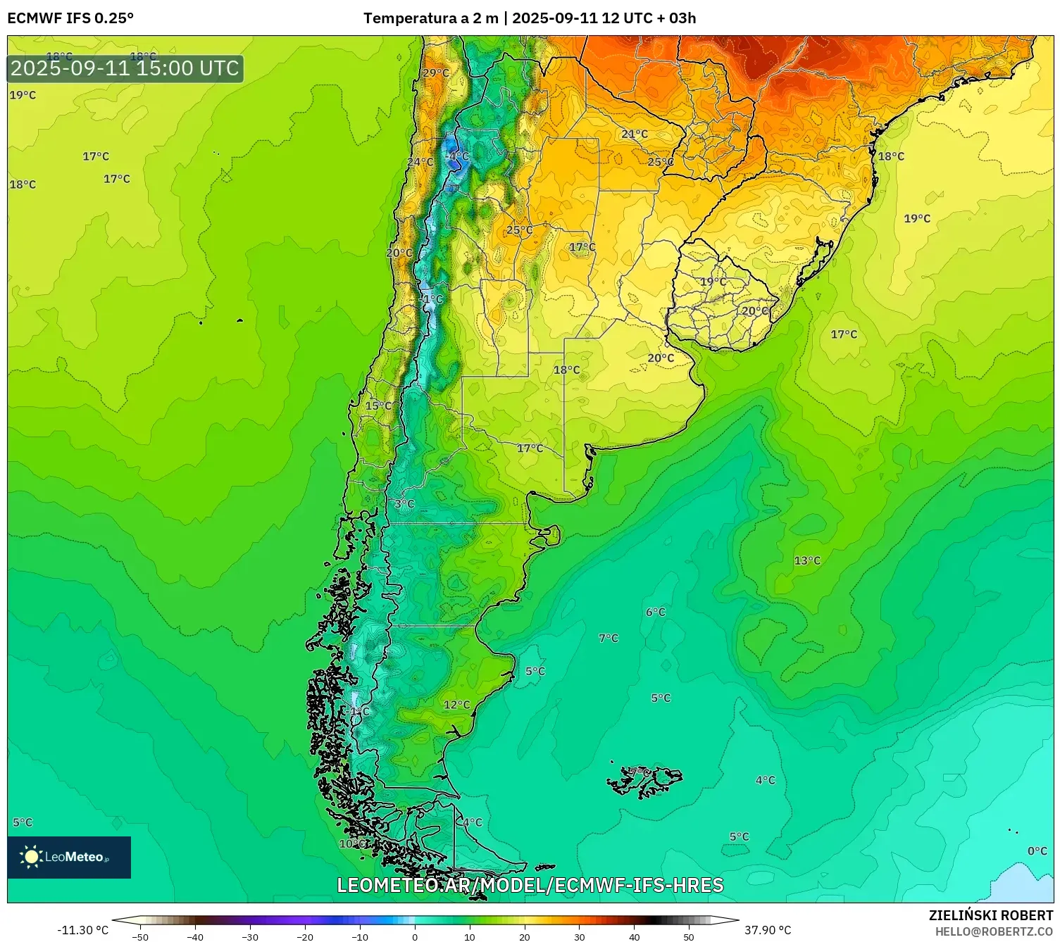 ECMWF IFS 0.25° model - Argentina, Temperatura a 2 m