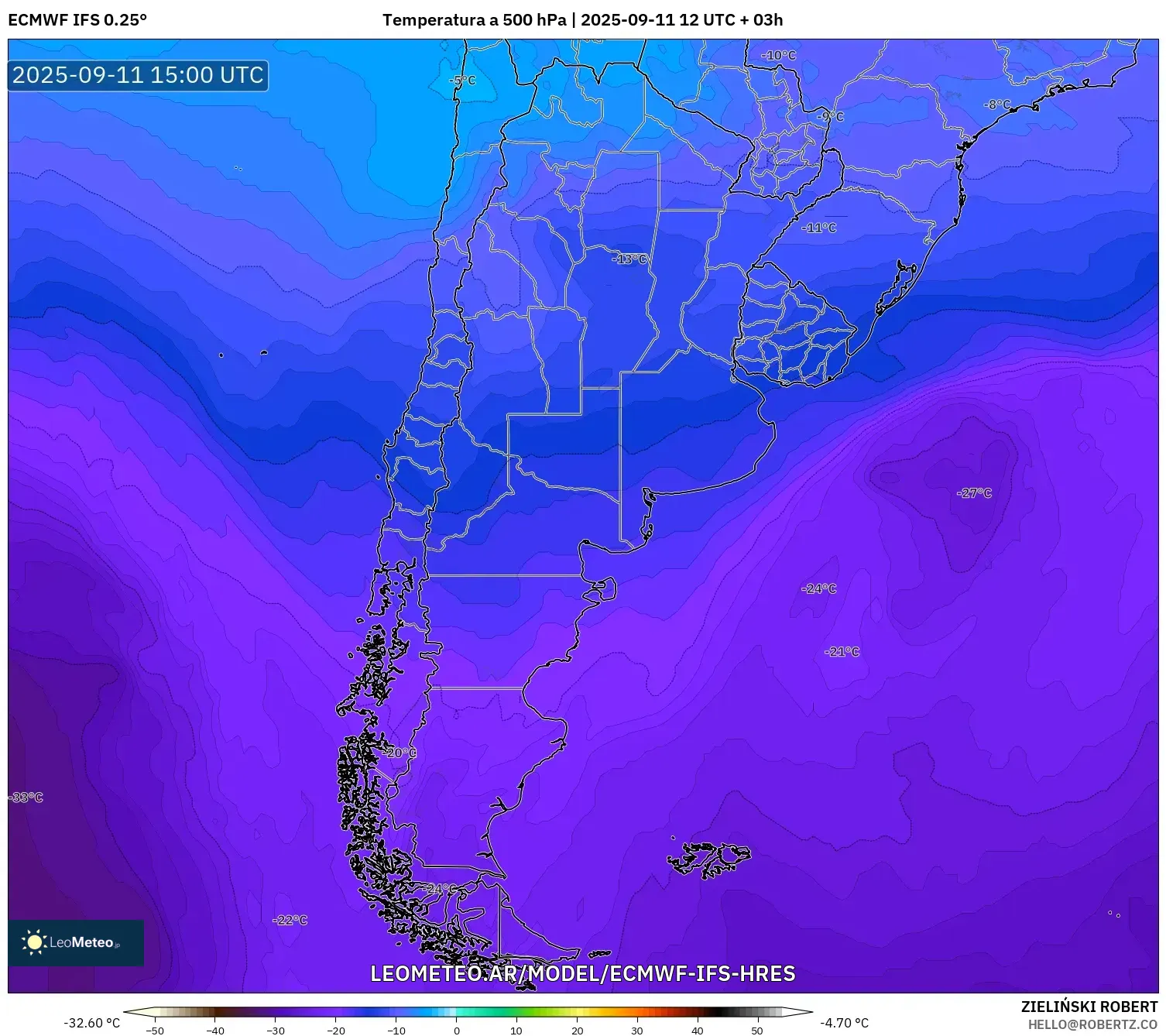 ECMWF IFS 0.25° model - Argentina, Temperatura a 500 hPa