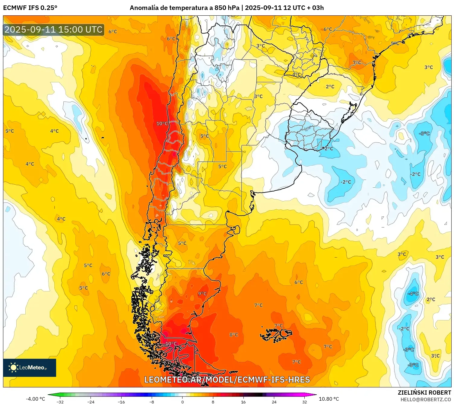 ECMWF IFS 0.25° model - Argentina, Anomalía de temperatura a 850 hPa