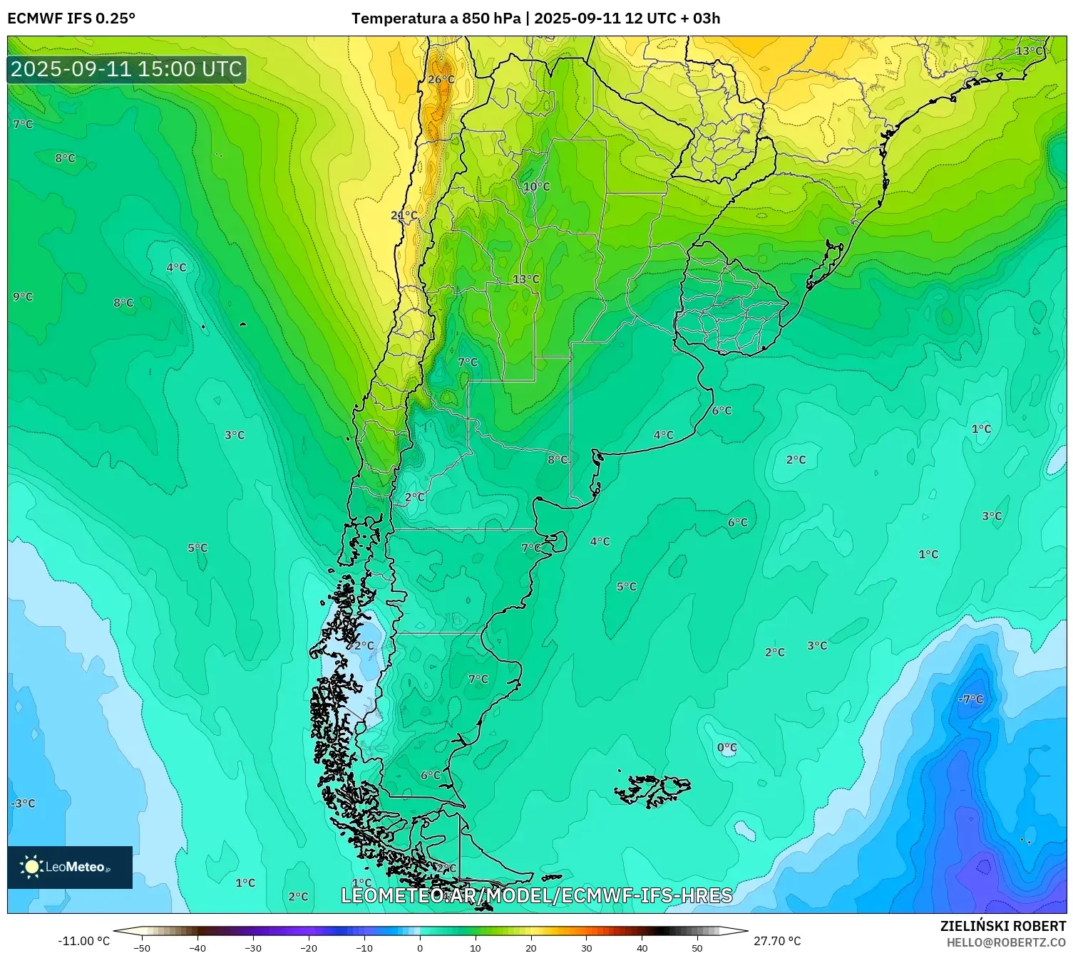 ECMWF IFS 0.25° model - Argentina, Temperatura a 850 hPa