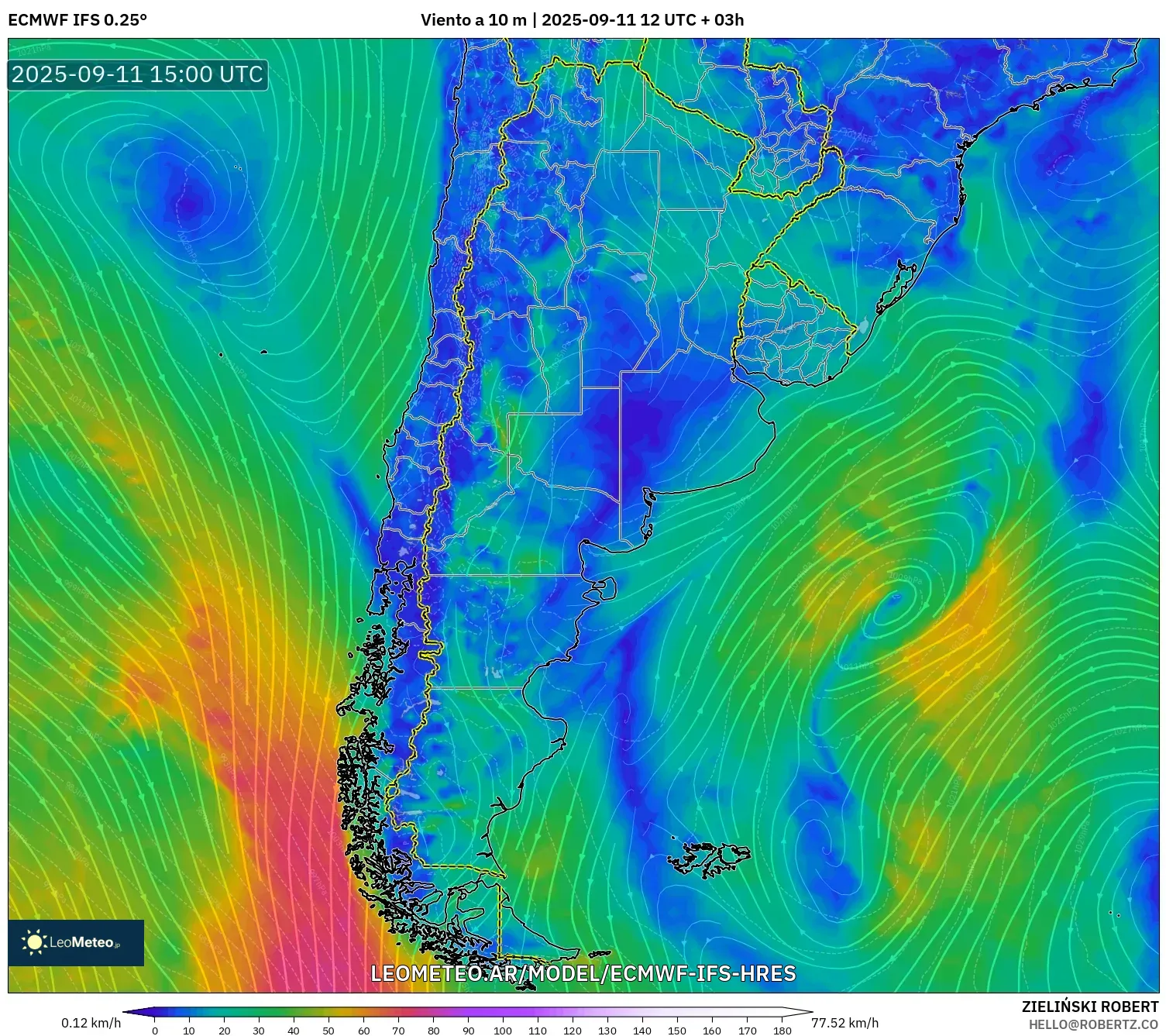 ECMWF IFS 0.25° model - Argentina, Viento a 10 m