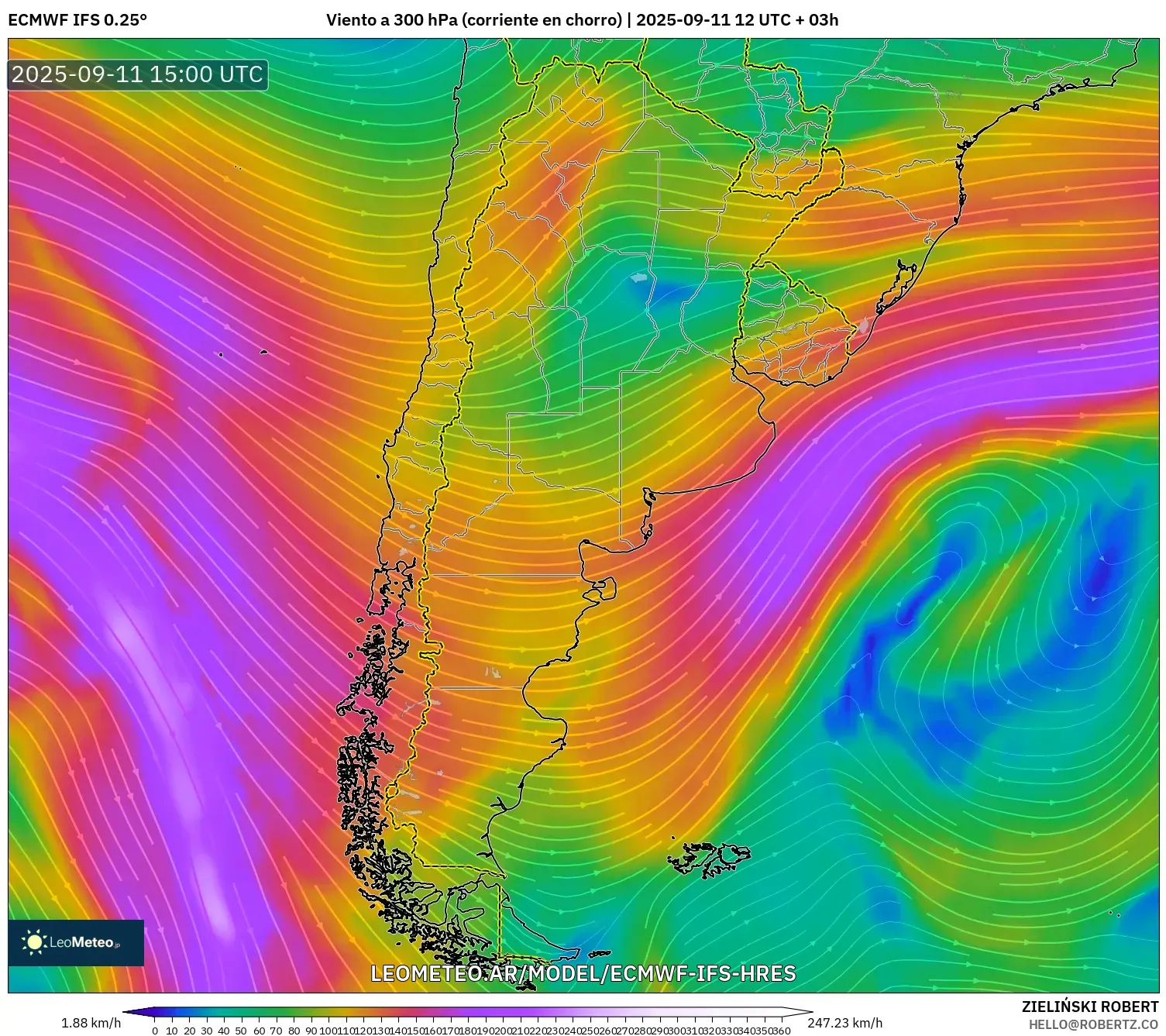 ECMWF IFS 0.25° model - Argentina, Viento a 300 hPa (corriente en chorro)