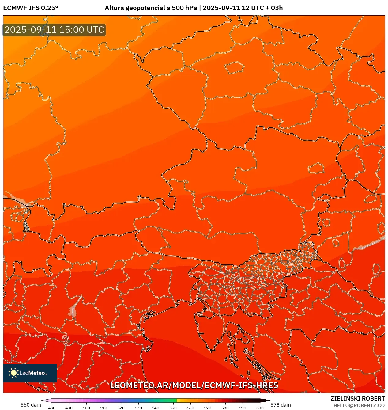 ECMWF IFS 0.25° model - Austria, Altura geopotencial a 500 hPa