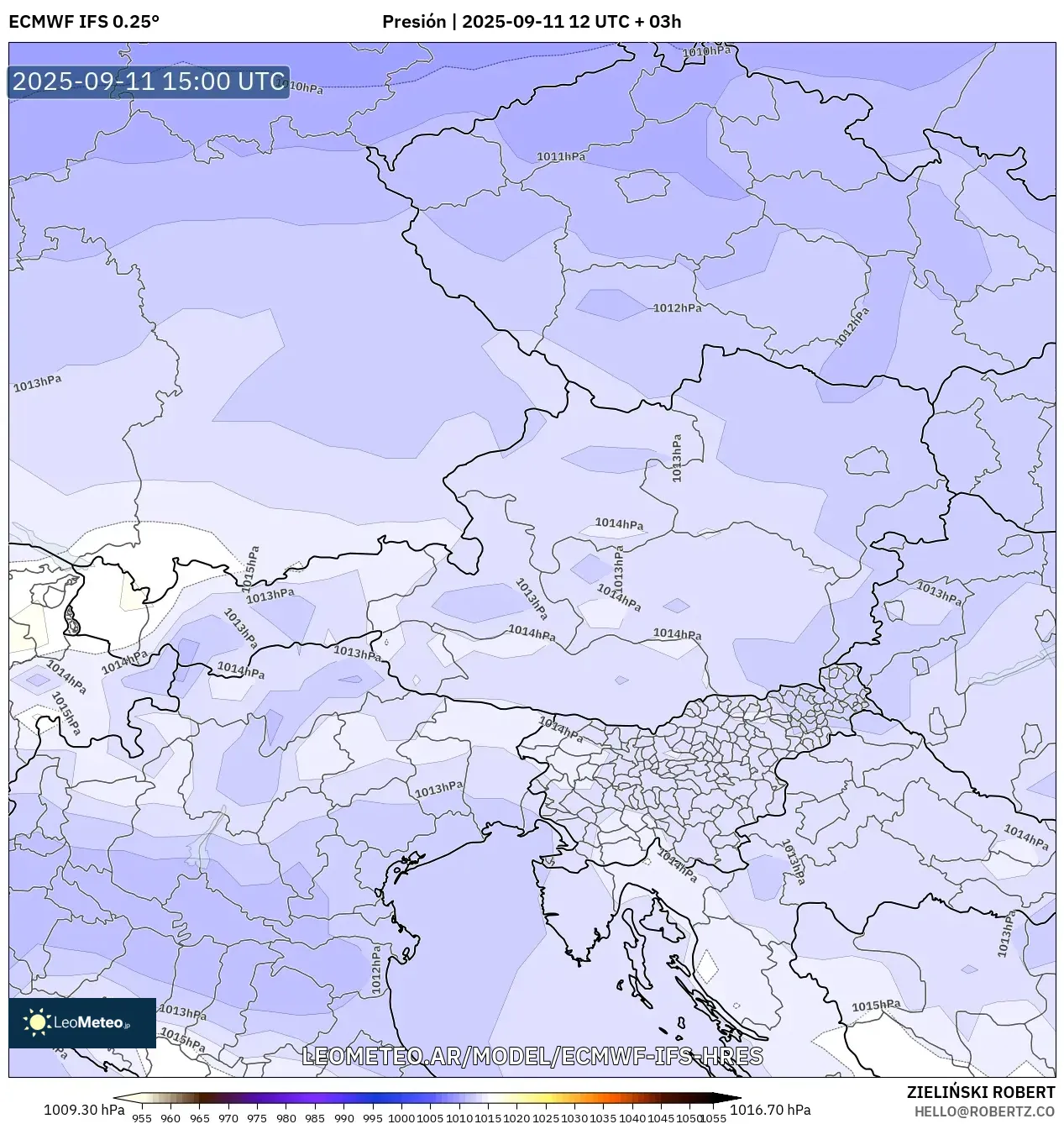 ECMWF IFS 0.25° model - Austria, Presión ECMWF IFS 0.25° model - Austria, Presión