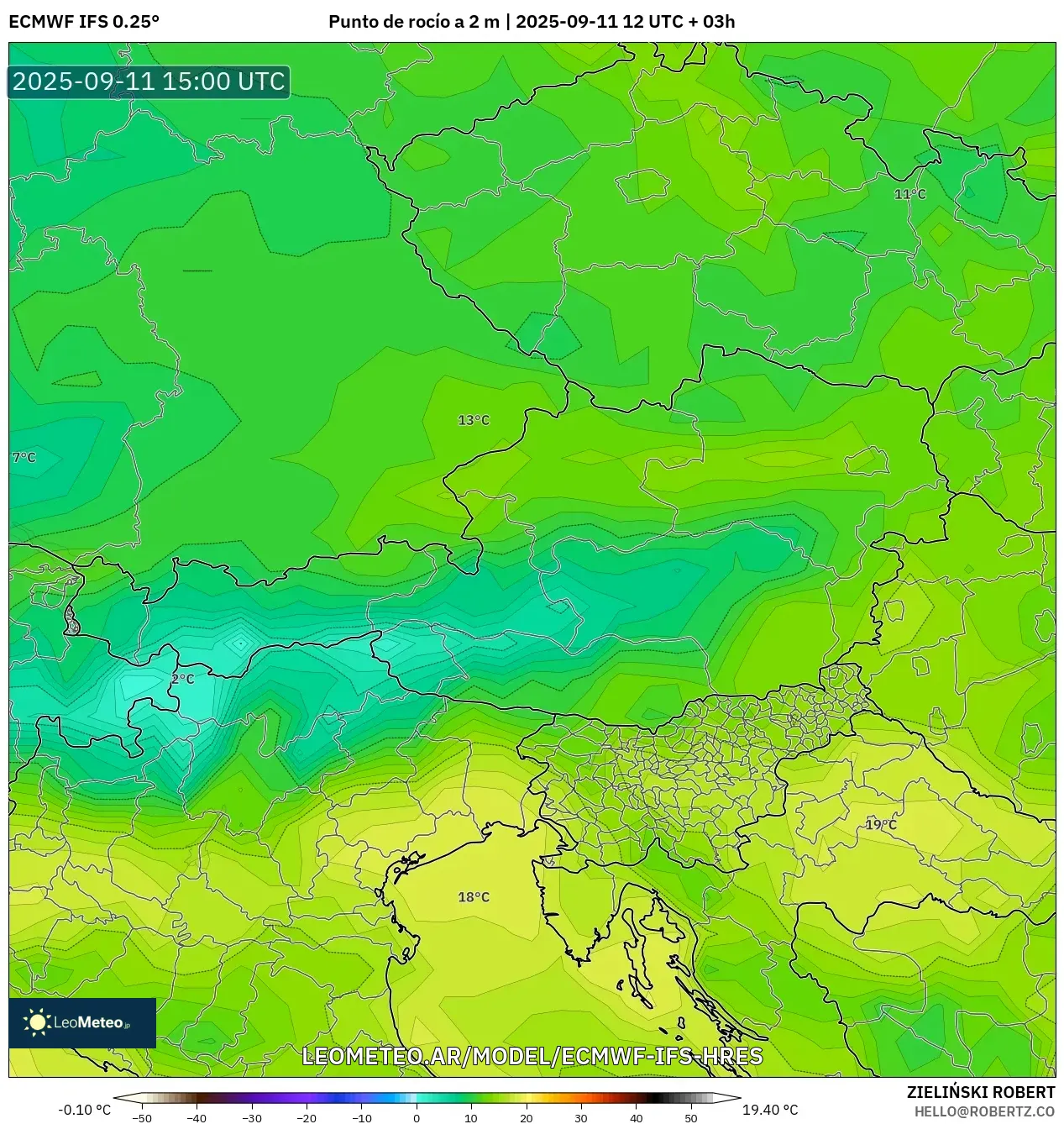 ECMWF IFS 0.25° model - Austria, Punto de rocío a 2 m