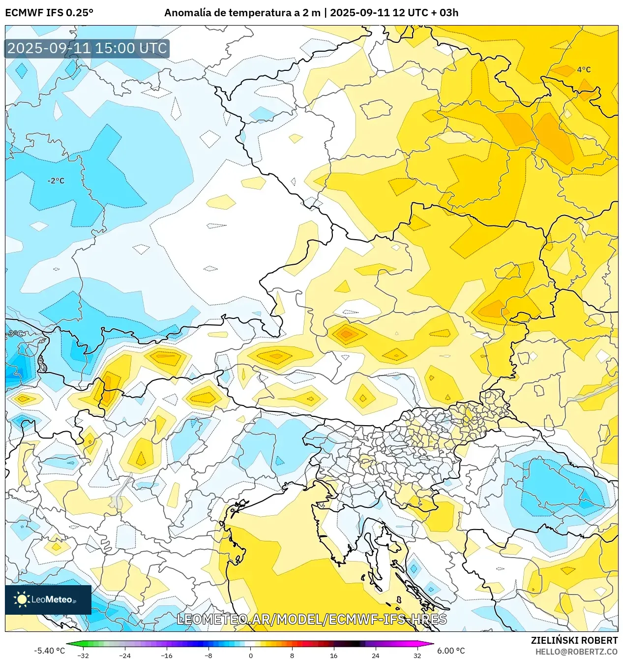 ECMWF IFS 0.25° model - Austria, Anomalía de temperatura a 2 m ECMWF IFS 0.25° model - Austria, Anomalía de temperatura a 2 m