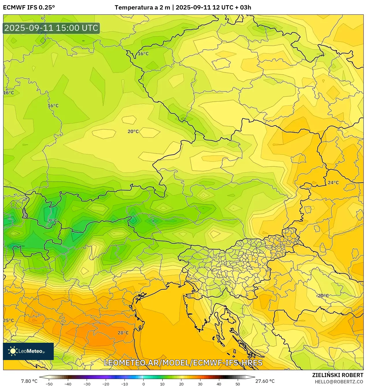 ECMWF IFS 0.25° model - Austria, Temperatura a 2 m ECMWF IFS 0.25° model - Austria, Temperatura a 2 m
