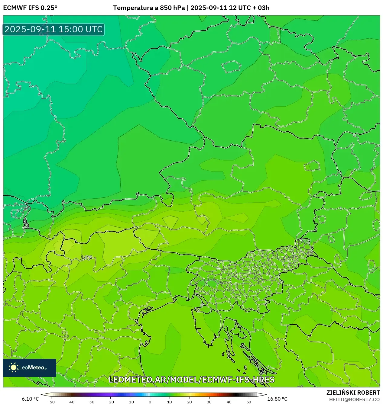 ECMWF IFS 0.25° model - Austria, Temperatura a 850 hPa