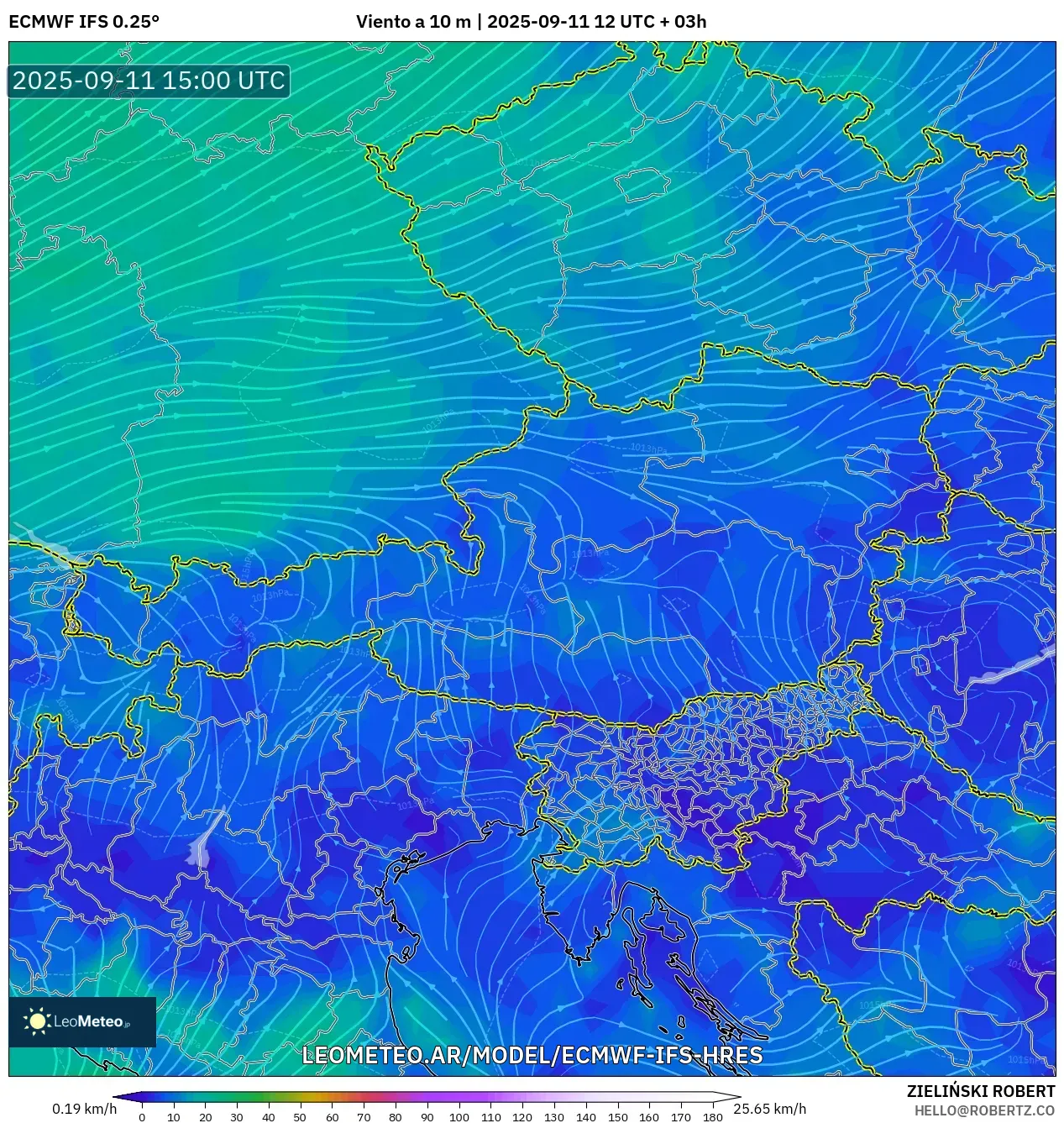 ECMWF IFS 0.25° model - Austria, Viento a 10 m
