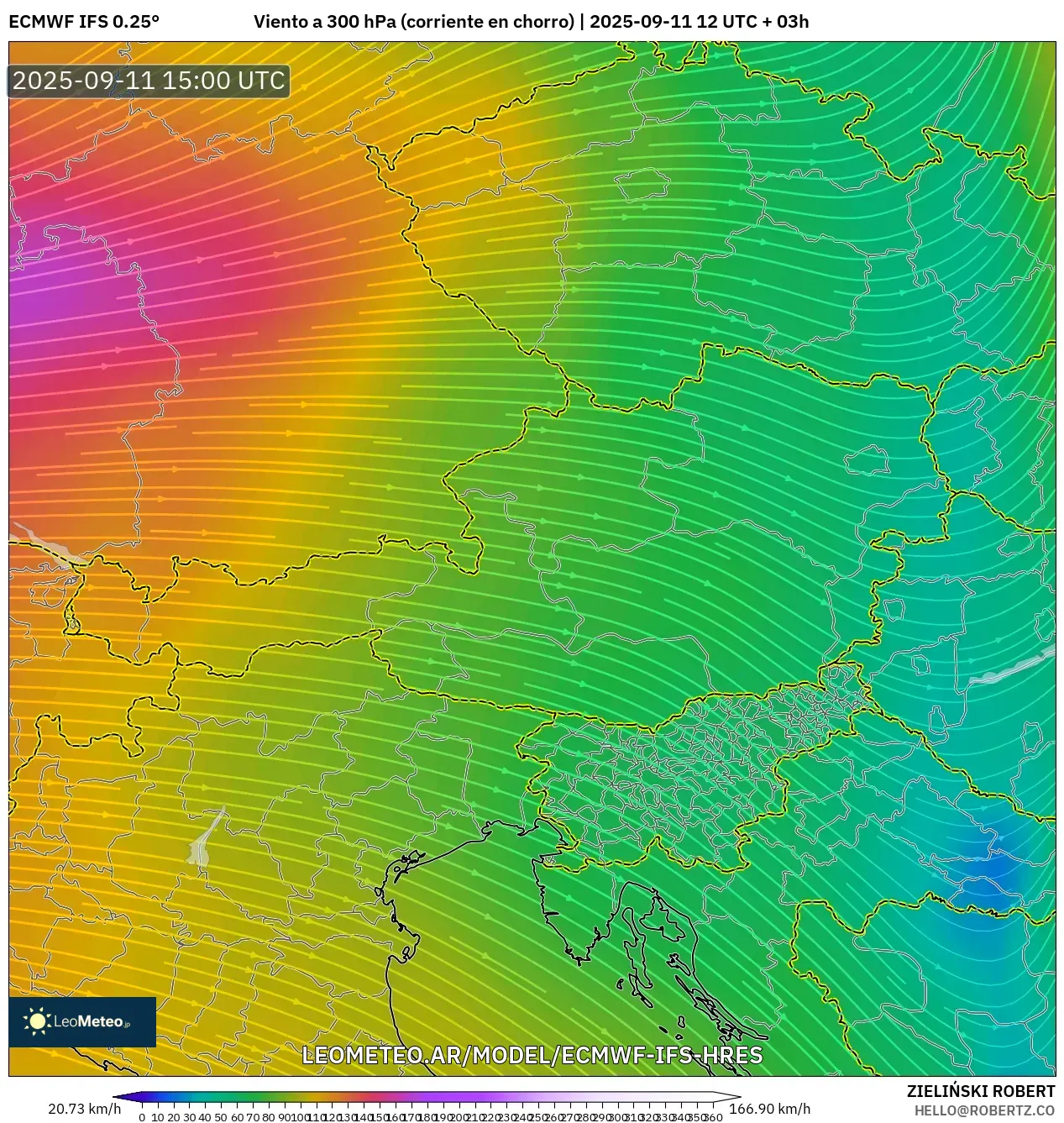 ECMWF IFS 0.25° model - Austria, Viento a 300 hPa (corriente en chorro)