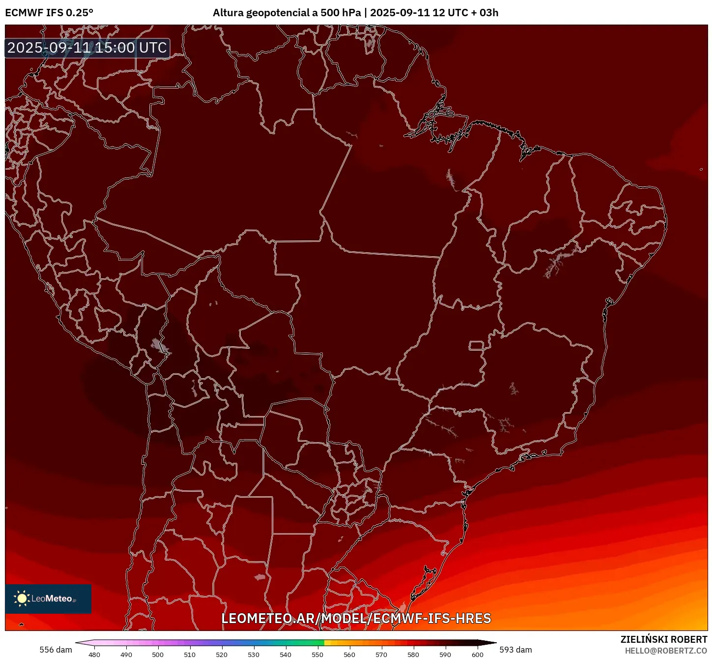 ECMWF IFS 0.25° model - Brasil, Altura geopotencial a 500 hPa