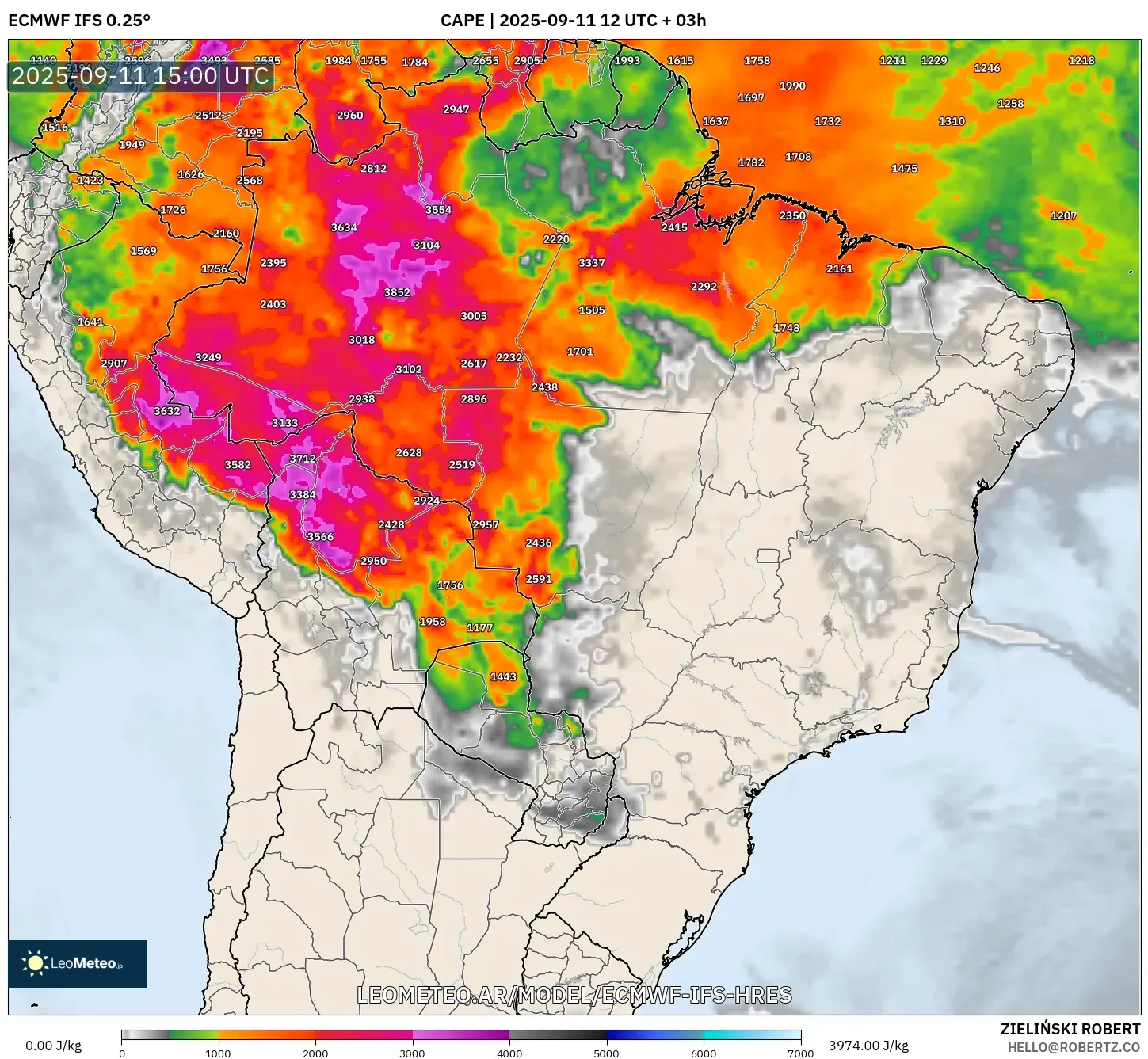 ECMWF IFS 0.25° model - Brasil, CAPE ECMWF IFS 0.25° model - Brasil, CAPE