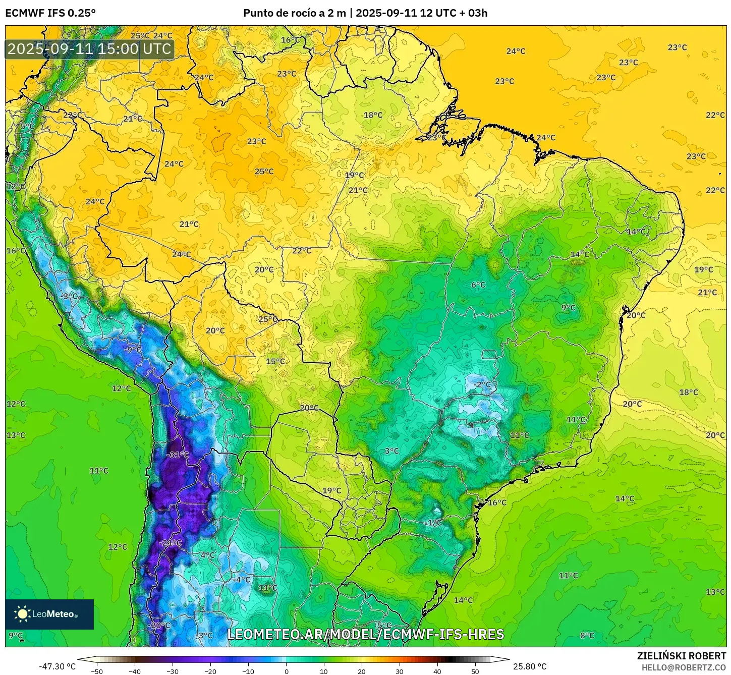 ECMWF IFS 0.25° model - Brasil, Punto de rocío a 2 m