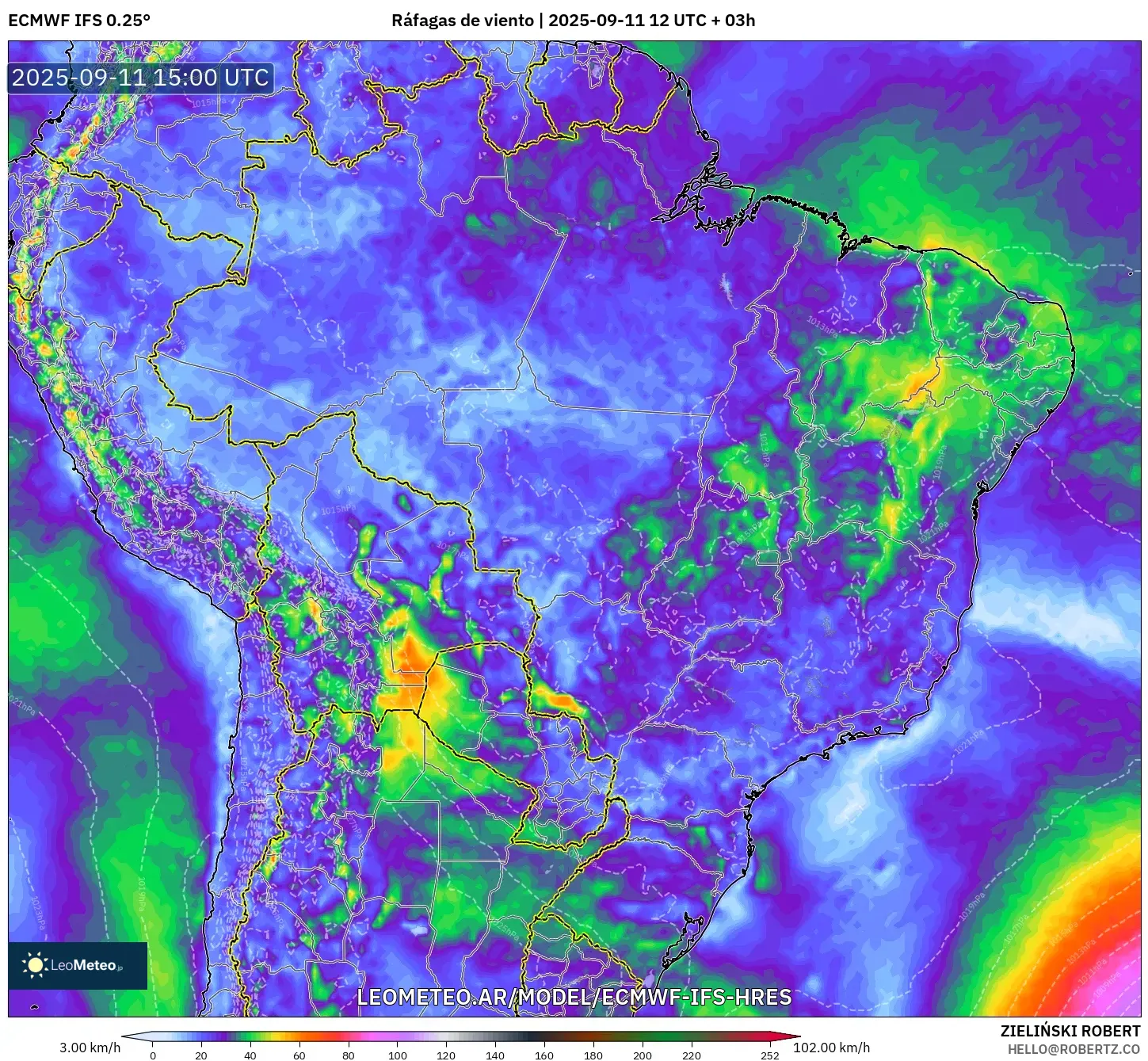 ECMWF IFS 0.25° model - Brasil, Ráfagas de viento ECMWF IFS 0.25° model - Brasil, Ráfagas de viento