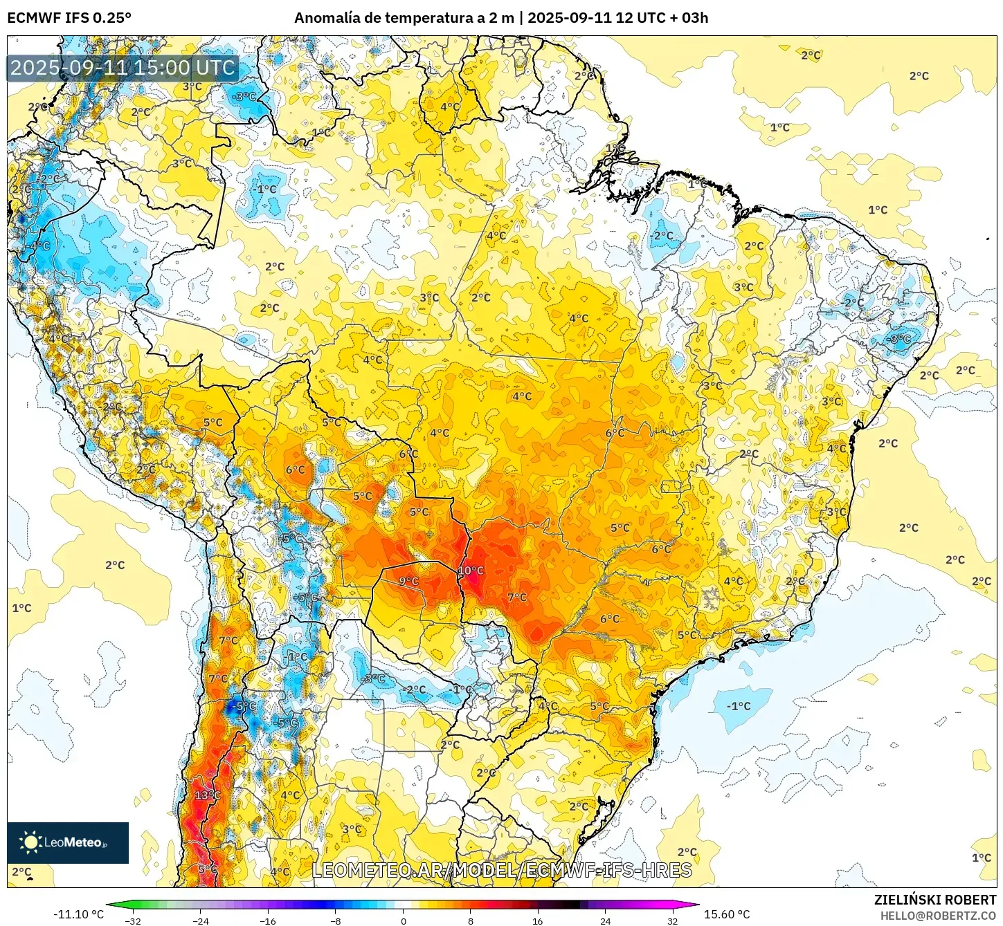 ECMWF IFS 0.25° model - Brasil, Anomalía de temperatura a 2 m ECMWF IFS 0.25° model - Brasil, Anomalía de temperatura a 2 m