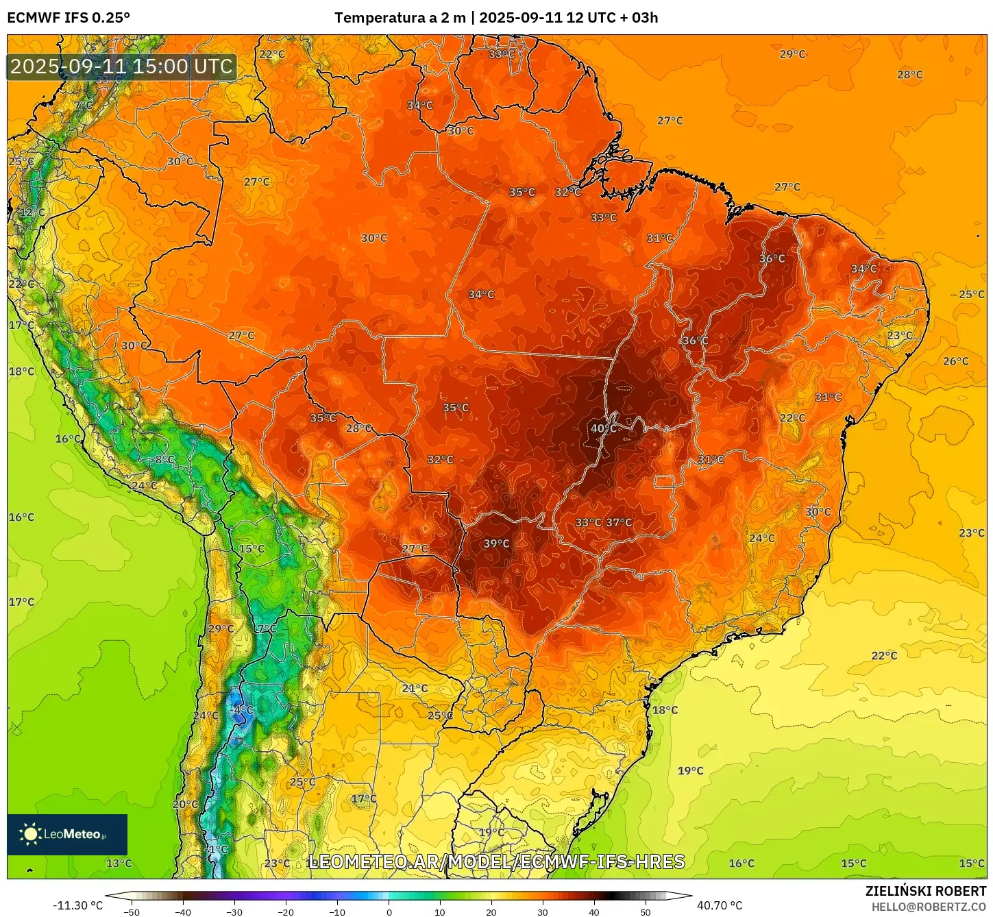 ECMWF IFS 0.25° model - Brasil, Temperatura a 2 m ECMWF IFS 0.25° model - Brasil, Temperatura a 2 m