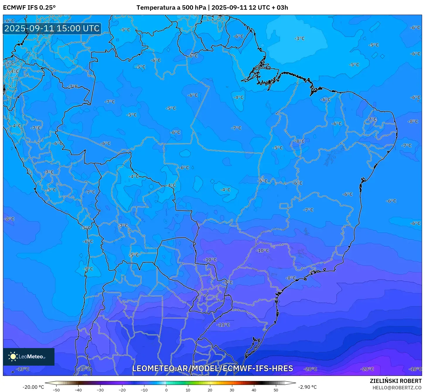ECMWF IFS 0.25° model - Brasil, Temperatura a 500 hPa ECMWF IFS 0.25° model - Brasil, Temperatura a 500 hPa