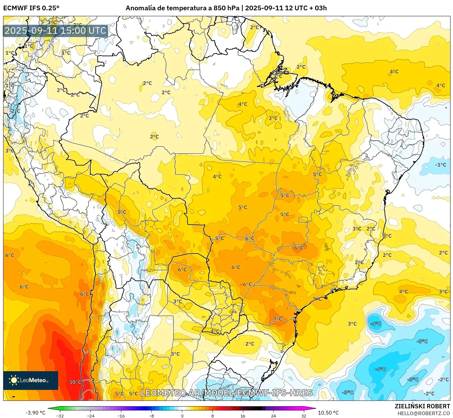 ECMWF IFS 0.25° model - Brasil, Anomalía de temperatura a 850 hPa