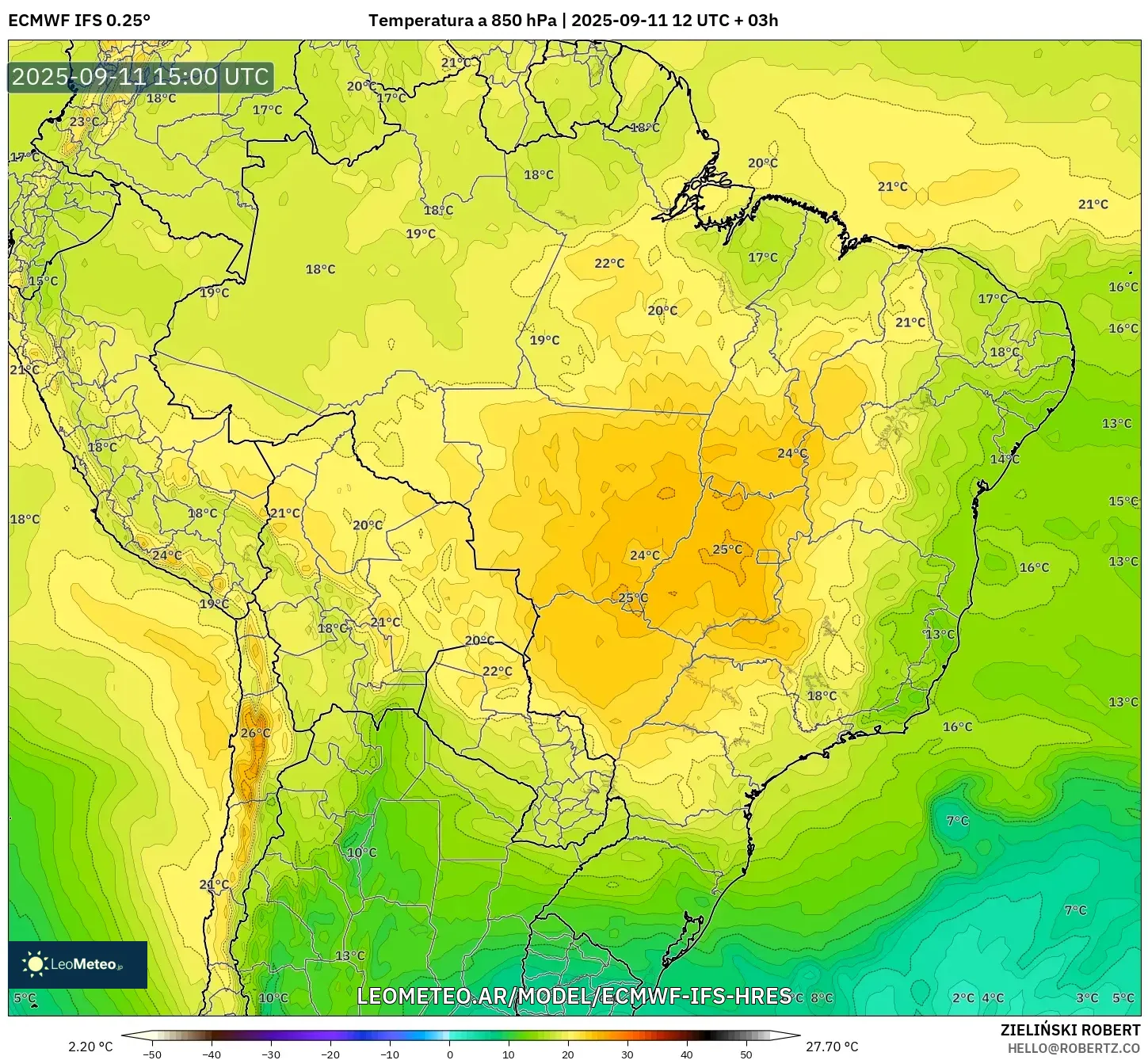 ECMWF IFS 0.25° model - Brasil, Temperatura a 850 hPa