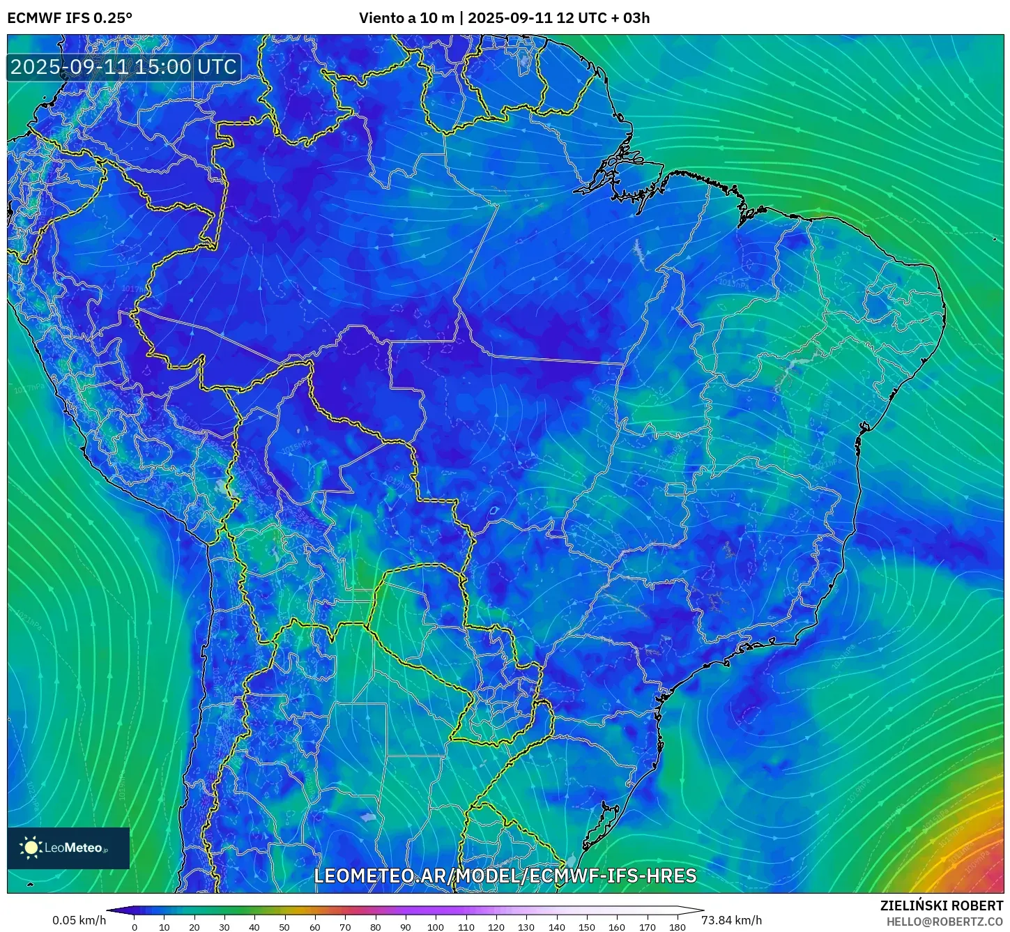 ECMWF IFS 0.25° model - Brasil, Viento a 10 m ECMWF IFS 0.25° model - Brasil, Viento a 10 m